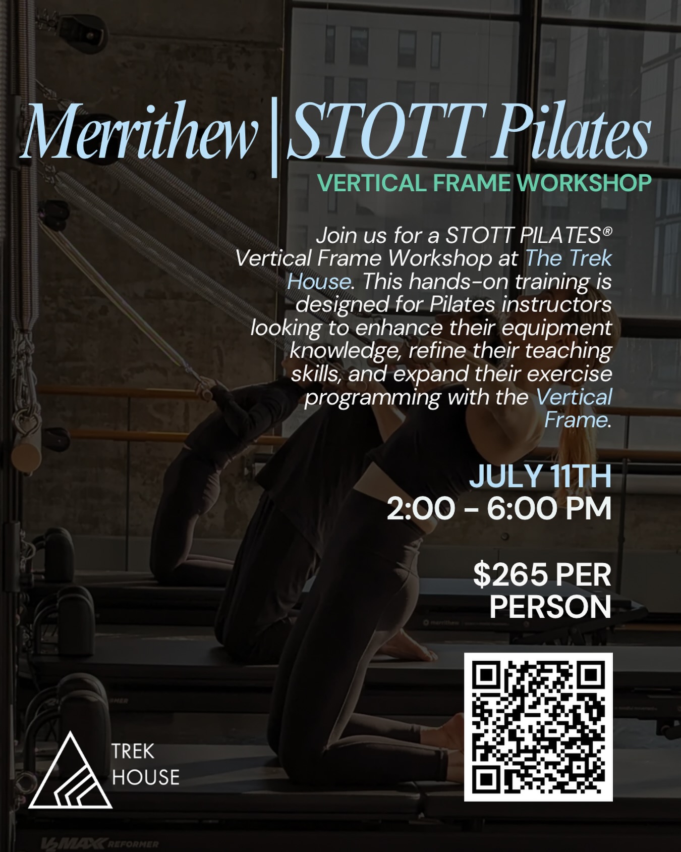 Expand your Pilates teaching toolkit with our Marrithew | STOTT PILATESยฎ Vertical Frame Workshop! โจ
Designed for Pilates instructors and movement professionals, this hands-on workshop will teach you how to replicate many Essential-level Cadillac exercises using the Vertical Frame on any Merrithew | STOTT PILATESยฎ Reformer.
Discover new ways to utilize the Roll-Down Bar, Push-Thru Bar, and Arm & Leg Springs to create variety in your sessions, target specific muscle groups, and enhance movement patterns. Youโll also learn how to build a complete Vertical Frame workout or seamlessly integrate these exercises into your existing Reformer and Matwork programming. Taught by: Paulina Glencora ๐ค
๐
July 11, 2026
โฐ 2:00 PM โ 6:00 PM
๐ฒ $265 per person
๐ The Trek House
Reserve your spot by scanning the QR code! Or Link in bio! ๐
#STOTTPilates #VerticalFrame #thetrekhouse #houstonpilates #pilatesinstructor