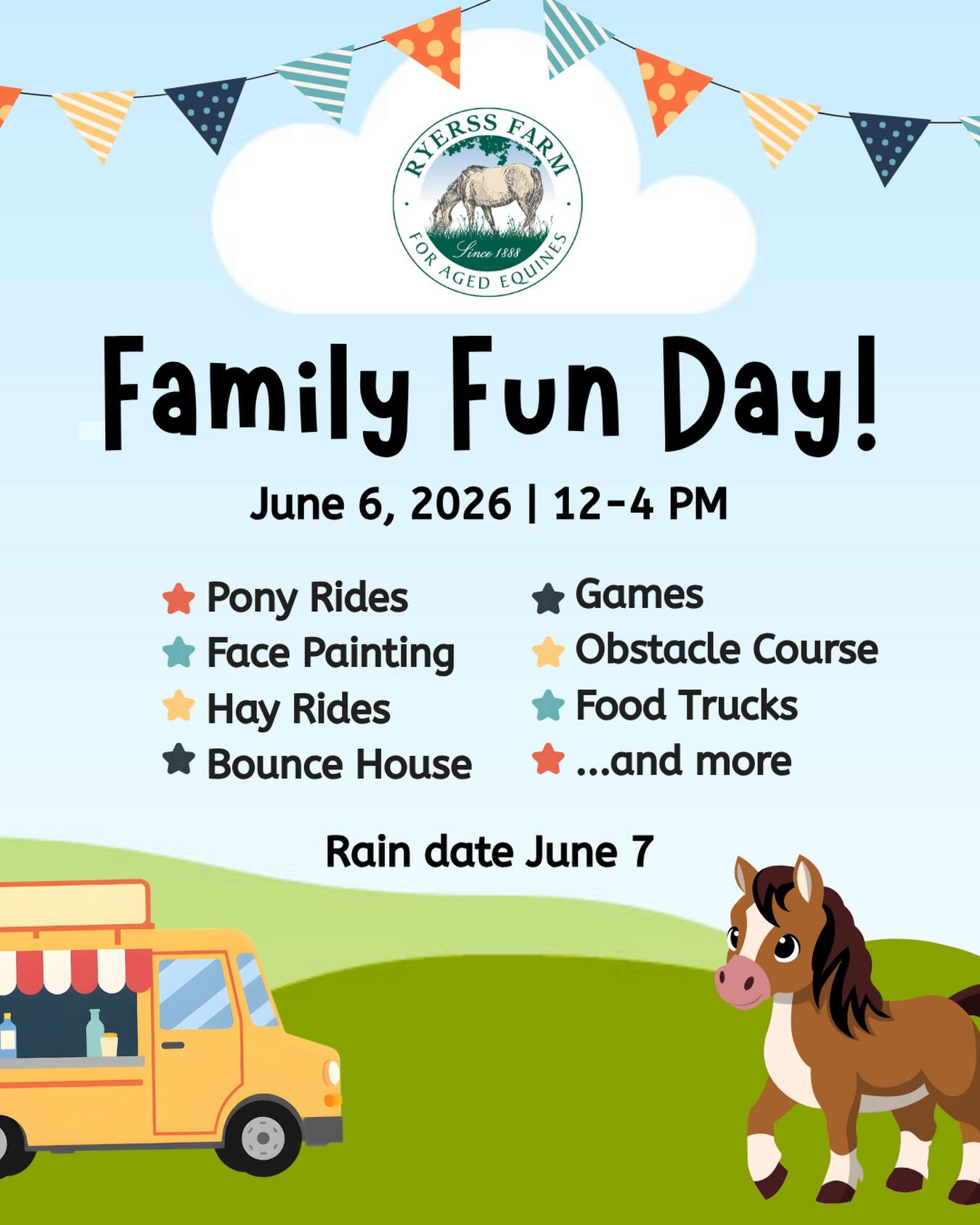 The countdown begins! Family Fun Day is on Saturday, June 6th, from 12 to 4 PM! 🐴🎉 Bring the whole family for a day of pony rides, face painting, hay rides, a bounce house, delicious food, and more.
General admission is FREE! Save by pre-purchasing food and activity ticket bundles online.
Make an even greater impact by sponsoring the event! You’ll receive recognition and provide essential resources for our residents.
Unable to attend? Donate to help sustain the farm!
Click the link in our bio to learn more and buy tickets or donate now.