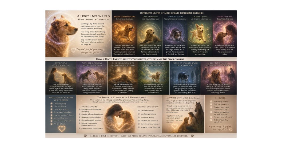 Over the years, dogs have shown me that they experience far more than we often realise.
They feel the energy we carry, the emotions we suppress, the love we share, and the stories we tell ourselves. They respond not only to our actions but to the energetic environment we create around them.
This visual is inspired by the wisdom dogs have shared with me through animal communication sessions and the deeper understanding they have offered about connection, energy, and relationship.
Take a moment to slow down and gently explore the images.
Notice what draws your attention.
Notice what you feel.
Perhaps Dog has a message waiting here just for you. 🐾✨💜