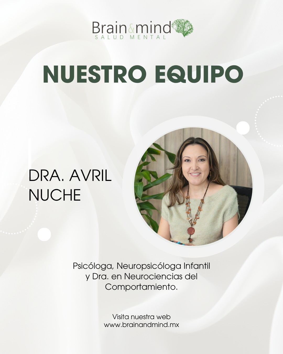 Brain & Mind ha reunido un gran equipo de profesionistas de la Salud Mental.
Te presentamos a la Dra. Avril Nuche -Psicóloga, Neuropsicóloga Infantil y Dra. en Neurociencias del Comportamiento.
Información y citas: WhatsApp 9982254058 / Tel- 9982679934
#brainandmindsaludmental #equipo