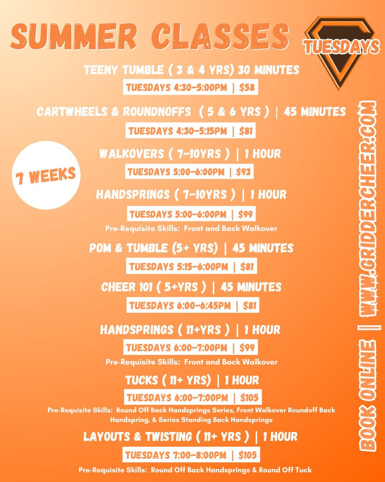 ☀️ SUMMER CLASSES ARE HERE! ☀️
Registration is now open for our 7 Week Summer Sessions
Summer is the perfect time to build confidence, improve technique, and work toward new goals before the next season begins.
Starting the week of July 7th running until August 25th ( No class the week of August 17th)
📲 Register online today and secure your spot before they fill up!
🧡www.griddercheer.com or link in bio
#summer#classes#gridder#griddercheer#griddergym