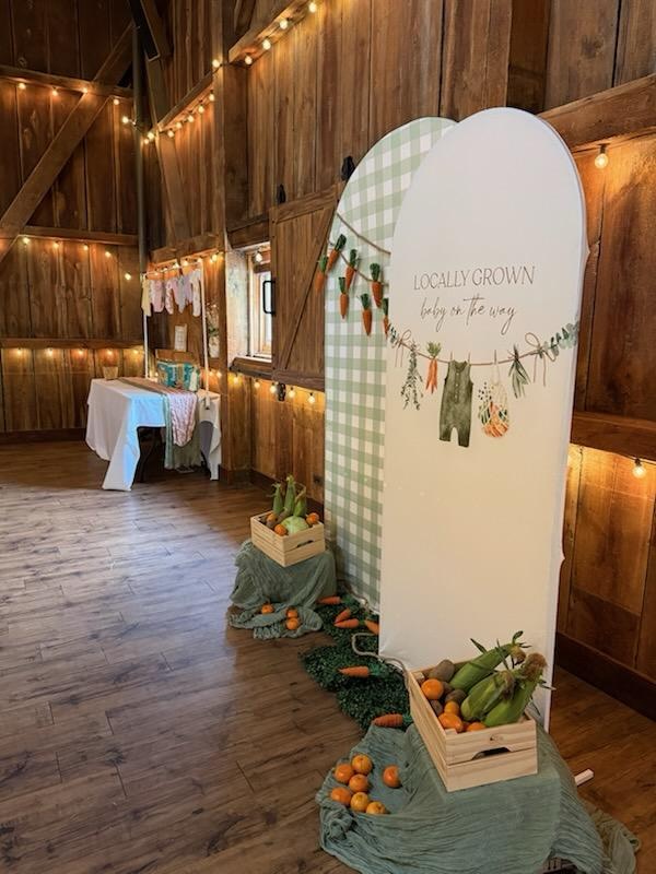 🍎🍊🍇🫐 Locally grown baby on the way! 🥕🥒🍅🥦 #babyshower #rental #hoosiergrovebarn #eventvenue