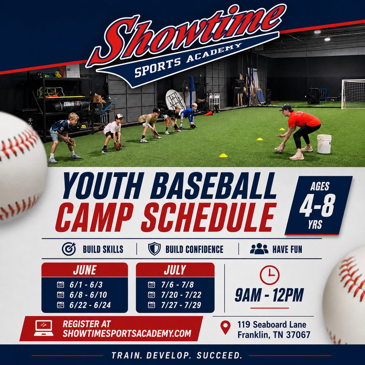 Our Youth Baseball Camp is this coming Monday! Our camp is for ages 4-8 yrs looking to work on a solid baseball foundation, while having a great time doing it. Register today and let our experienced coaching staff help your young baseball player the basic fundamentals to elevate their game!