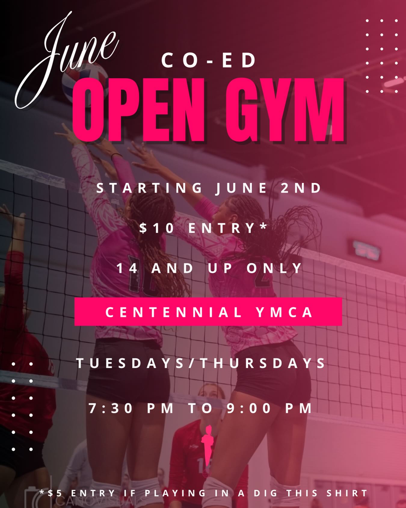 🏐 Open Gym is back! 🏐
Looking for extra reps, fun competition, and an exciting way to stay sharp this summer? Join us every Tuesday & Thursday at the Centennial YMCA for our Co-Ed Open Gym!
✨ Ages 14+
✨ All skill levels welcome
✨ Just $10 to play ($5 if you’re wearing a Dig This shirt!)
Bring your friends, bring your energy, and let’s get better together! 💪🔥 #OpenGym #DigThisVolleyball #SummerVolleyball #LasVegasVolleyball #GetYourRepsIn