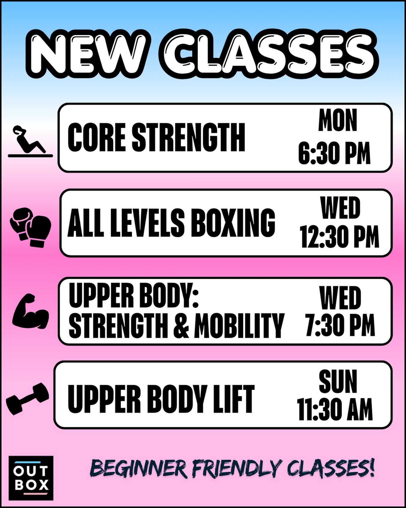 NEW CLASSES JUST DROPPED👇👇👇
Punching not your thing?
Good news: our strength classes are beginner friendly and designed to help you feel confident lifting weights.
Bad news: you’ll eventually know what a Romanian deadlift is (and maybe a burpee)
💪NEW STRENGTH CLASSES
🥊NEW DAYTIME BOXING CLASS
Sign up via MindBody and check online for our full schedule