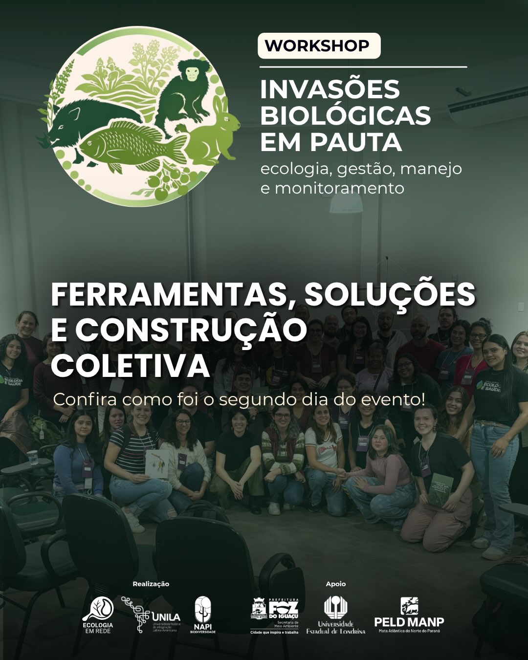 Dia 2: Ferramentas, Soluções e Construção Coletiva!
Encerramos nosso Workshop com um dia dedicado à troca de experiências, estudos de caso e construção coletiva de estratégias para o enfrentamento das invasões biológicas.
Passe para o lado e confira alguns registros desse último dia!
Agradecemos a todos os palestrantes, participantes, estudantes, pesquisadores e profissionais que contribuíram para tornar este evento um espaço tão rico de aprendizado, reflexão e troca de conhecimentos.
O Workshop chega ao fim, mas as conexões, ideias e ações construídas aqui seguem adiante. 🌱💚
