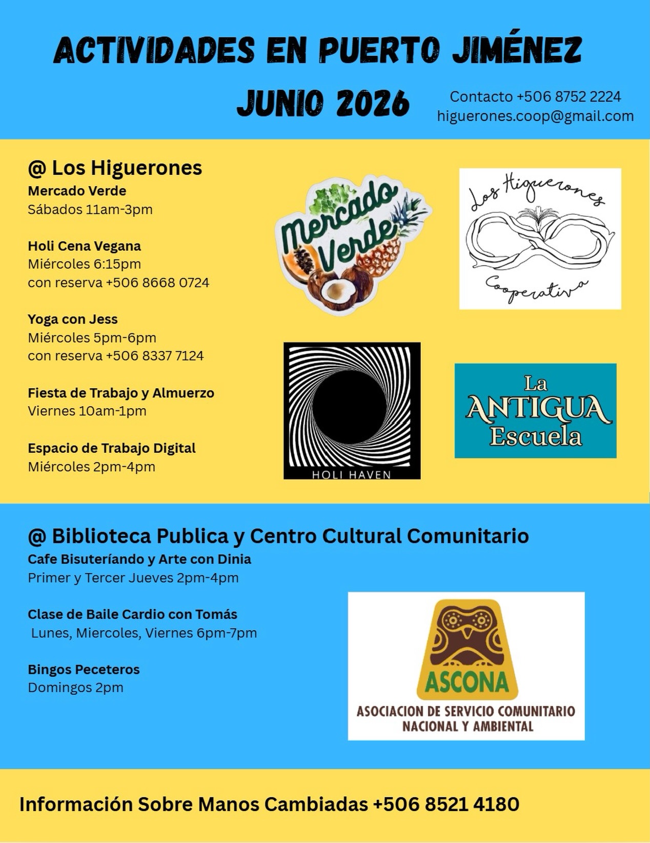 Puerto Jimenez en vivo 👯♀️💃🧚♀️
Este es un resumen básico de lo que va a pasar en Puerto Jiménez en junio en @ascona_cr y @higuerones.coop 🥳
Síguenos y envíanos un mensaje para estar al tanto de los eventos especiales que tendrán lugar en junio!