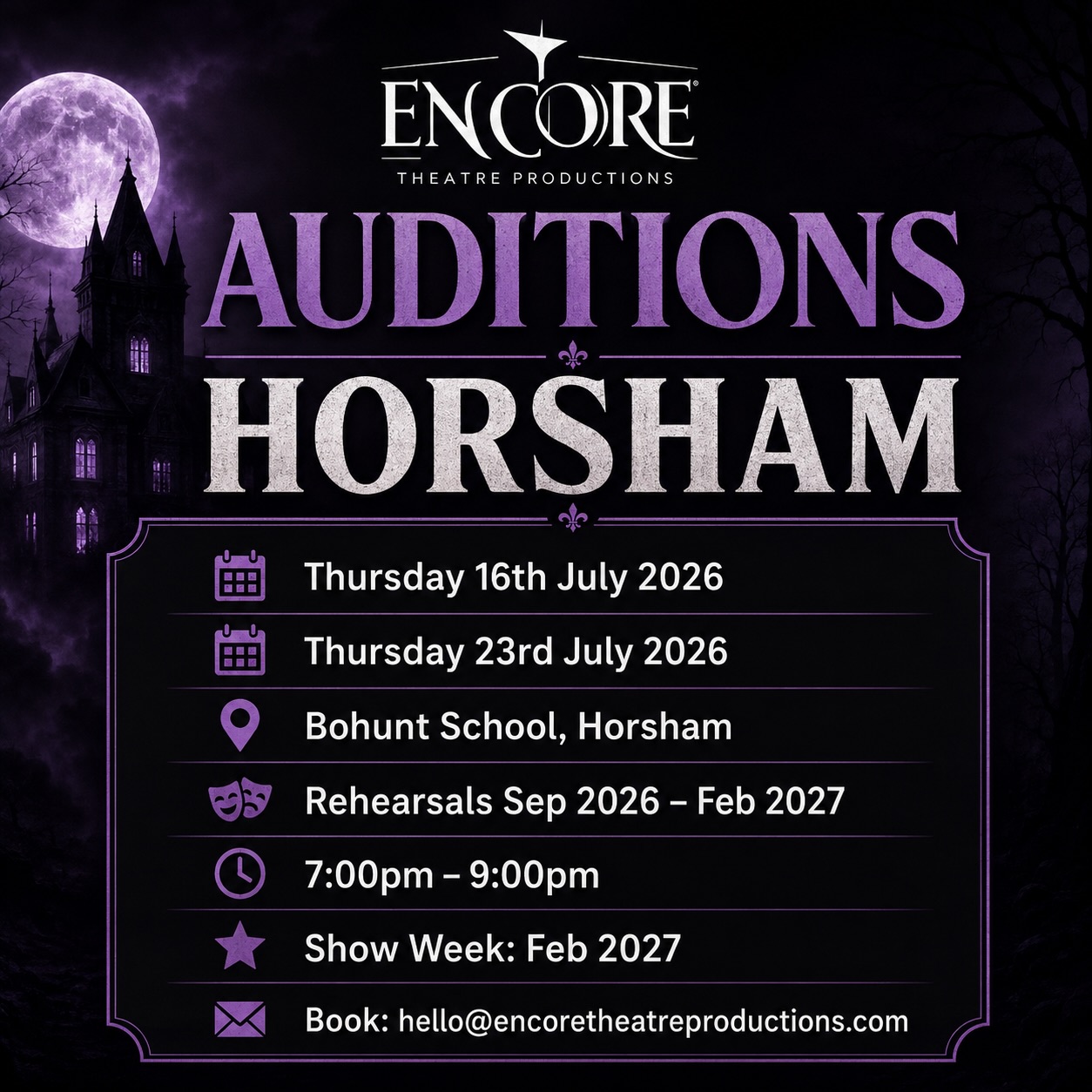 ๐ธ๏ธ Horsham auditions are coming up!
Encore Theatre Productions is now booking auditions for:
๐ค The Addams Family ๐ค
๐ Bohunt School, Horsham
๐
Thursday 16th July 2026
๐
Thursday 23rd July 2026
๐ Rehearsals: September 2026 โ February 2027
๐ญ Show week: February 2027
We are looking for performers who love acting, singing, dancing, comedy, character work and musical theatre.
Book your audition:
๐ฉ hello@encoretheatreproductions.com