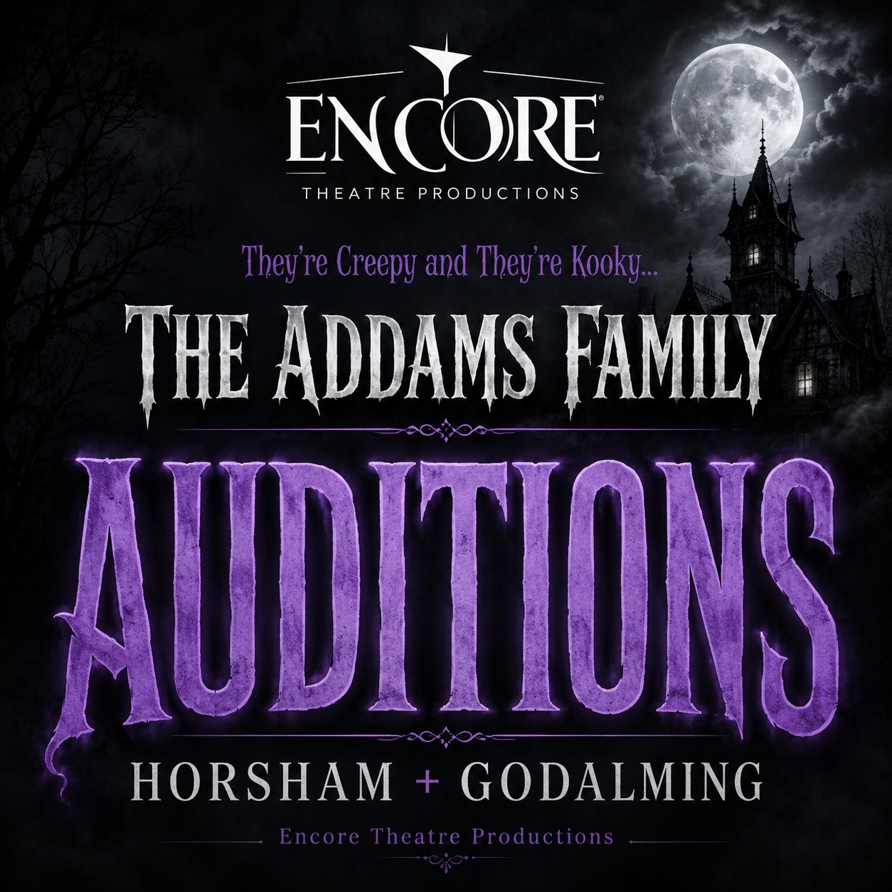 ๐ธ๏ธ Final call for Godalming/Guildford performers!
Auditions are coming up for Encore Theatre Productionsโ The Addams Family.
We are looking for performers who enjoy acting, singing, dancing, comedy, character work and musical theatre.
๐ Godalming, venue TBC
๐
Tuesday 14th July & Tuesday 21st July 2026
๐ญ Rehearsals: September 2026 โ February 2027
๐ฉ Book: hello@encoretheatreproductions.com
This is a great opportunity to join a focused, exciting production company and be part of a full musical production.