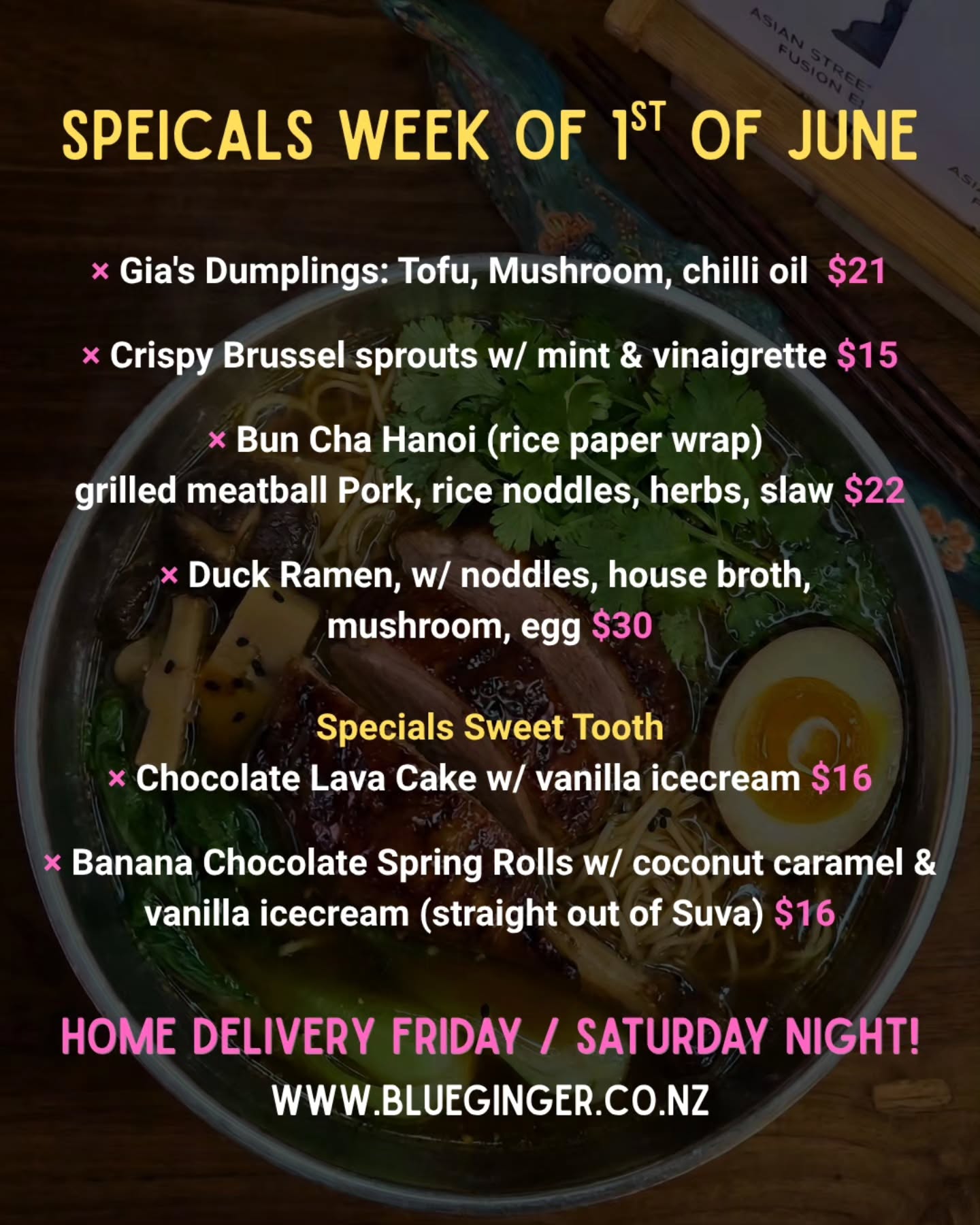 Banging Specials Board this week (available inhouse or takeaway, lunch & dinner) + we will be starting Friday / Saturday night home deliveries (through our website. π #homedelivery #dinner #blueginger