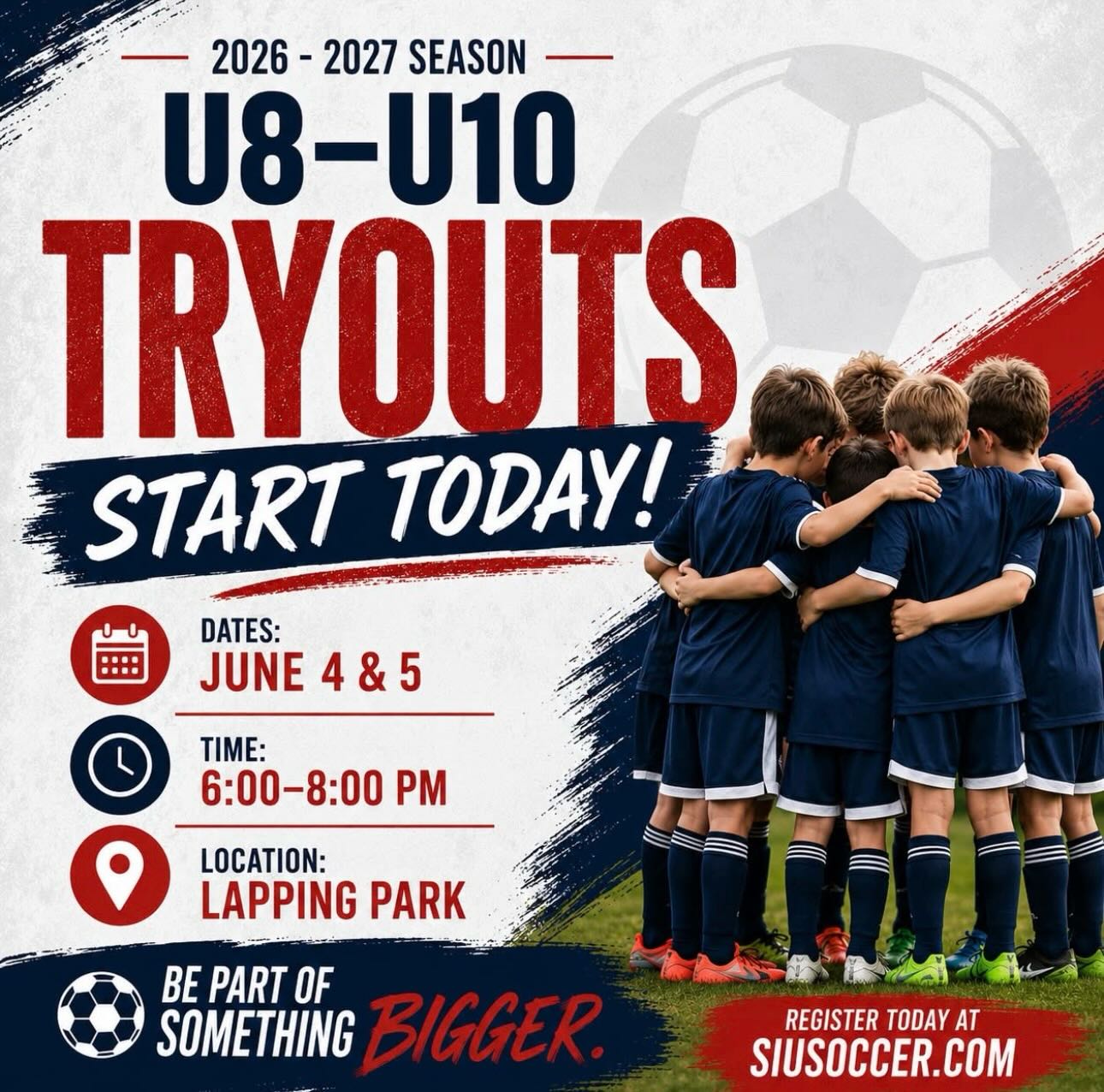 ⚽️ TRYOUTS START TODAY! ⚽️
The wait is over! Southern Indiana United Travel Program Tryouts for our U8–U10 players kick off tonight, and we can’t wait to see everyone on the field!
📅 Dates: June 4 & 5
⏰ Time: 6:00–8:00 PM
📍 Location: Lapping Park
Whether you’re returning to SIU or looking for a new soccer home, this is your opportunity to be part of a club focused on player development, competitive growth, and a family-first culture.
❤️💙 Come show us your passion, effort, and love for the game!
Not registered yet? There’s still time!
👉 Click the link in our bio!