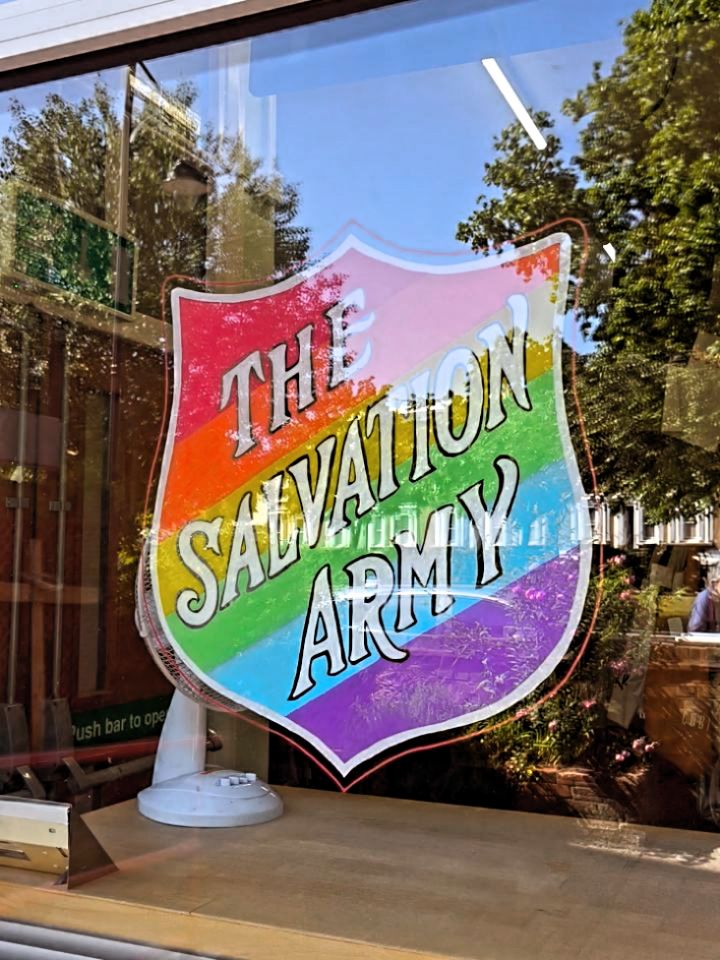 I was so happy to be asked to create artwork for the front window of @thevillagecharityshopandcafe celebrating pride month. I gave the salvation army logo a temporary makeover and added colourful foliage representing growth, which also reflected the beautiful greenery opposite the shop. If you're nearby, do stop by for a coffee and cheeky shopping spree! They've also got a collection of books upstairs, a piano and space to work or relax. I LOVE this place!
#communityunity #pride #se15
