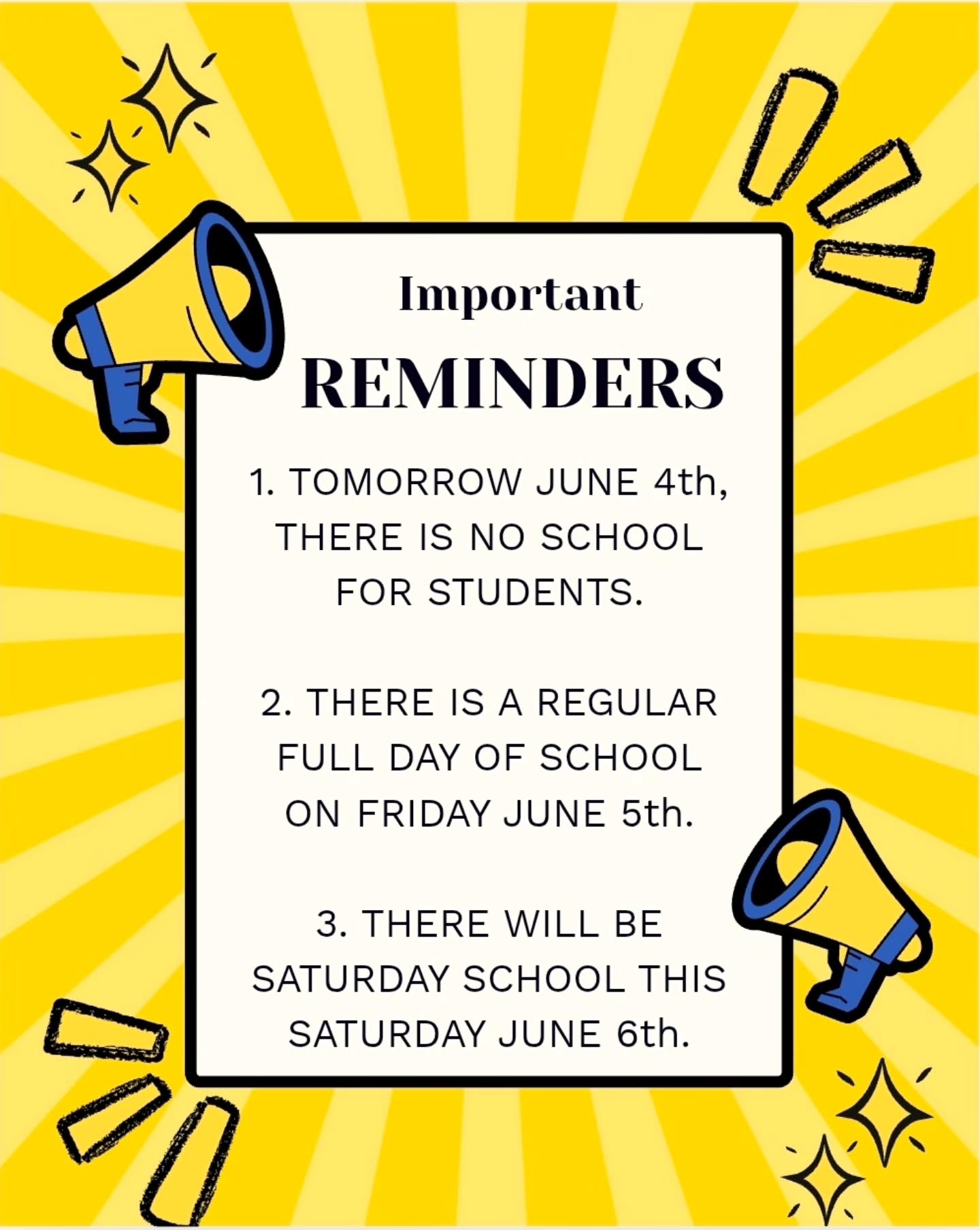 Hey Forsyth. Just a few important announcements. Tomorrow there will be no classes for students. On Friday, there is a regular full day of school. This Saturday there will be Saturday School.
#reminder #announcement #forsyth