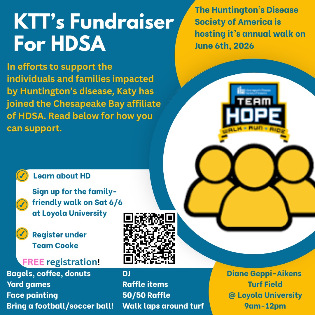 ๐Looking for plans this Saturday morning?
FREE plans???
The weather is looking like it's going to be a beautiful day!
Join our team for the annual Team Hope Walk, benefiting the Huntington's Disease Society of America. *We only walk around the turf field! The rest of the morning is filled with:
Food (free)
Face painting (free)
DJ
Raffle items
Fun yard games on the turf field
Register today!
https://give.hdsa.org/event/2026-team-hope-walk-chesapeake-bay/e723888
You may also register in person same day!
Hope you see you there:)