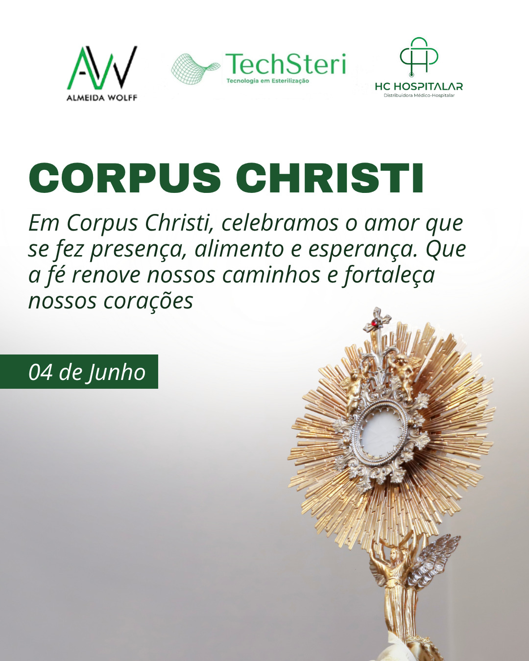 🕊️ O dia de hoje nos convida a partilhar o amor, a exercer a gratidão e a renovar as nossas esperanças em dias melhores.
Que esse dia traga paz para as nossas famílias e fortaleça a nossa caminhada com união e respeito. Um dia abençoado! ❤️
Lembrando que sexta feira 05/06 estaremos com atendimento normal