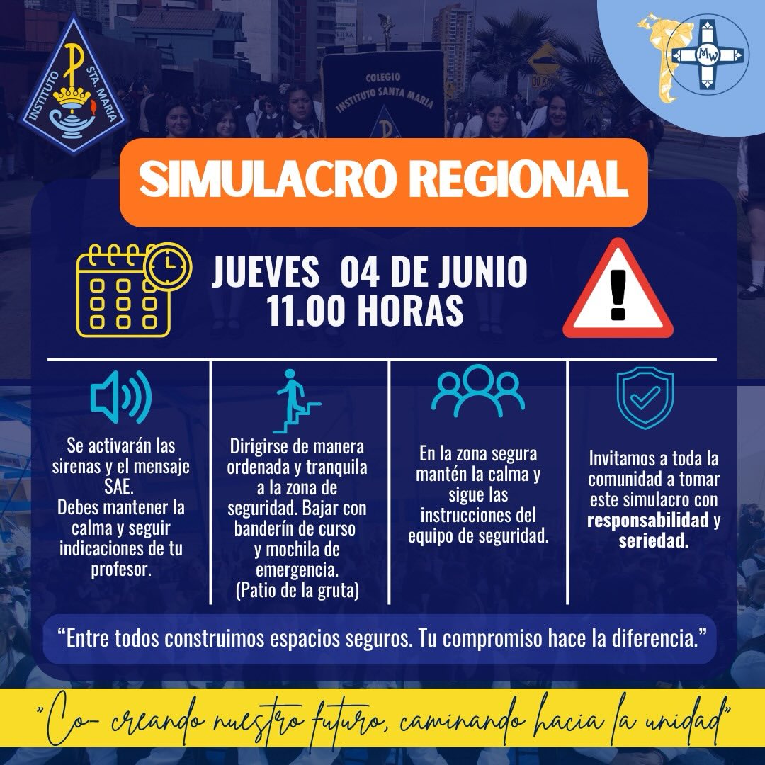 ⚠️ Favor difundir ⚠️
Estimadas familias, les informamos que el próximo jueves 04 de junio, se realizará un simulacro por sismo y tsunami a nivel regional, por tanto, como colegio realizaremos dicho procedimiento de manera interna, según nuestro plan de seguridad. En dicha jornada sonarán las sirenas de la ciudad, además de las sirenas de los vehículos de emergencia y también se activará en los celulares el sistema de alerta de emergencia SAE.
Solicitamos por favor a las familias, anticipar a sus hijos invitándolos a mantener la calma y seguir las indicaciones del equipo a cargo.
Posterior al simulacro, las actividades continúan académicas y extraescolares con normalidad.
“Entre todos construimos espacios seguros. Tu compromiso hace la diferencia”
#ModoISMA