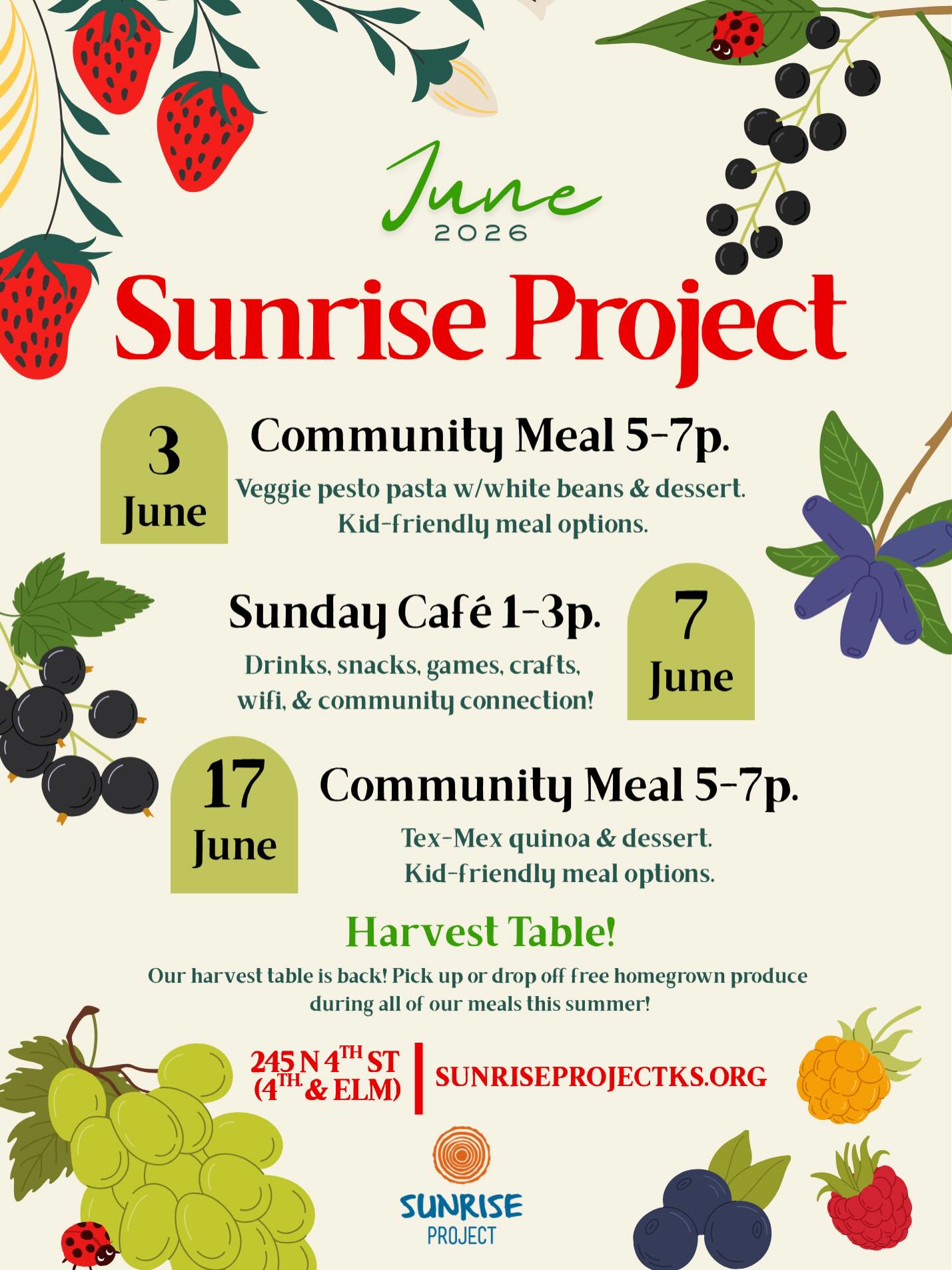 We are so excited that it is June! 🏳️🌈🏳️⚧️
This week we are really looking forward to dinner on Wednesday!! Pesto pasta with veggies and white beans (vegan, GF and kids options available!) Harvest table is back- bring your garden surplus to share ❣️ Café on Sunday! And the poppies are blooming 💗 (Thank you Denise!) See you SOON!!!