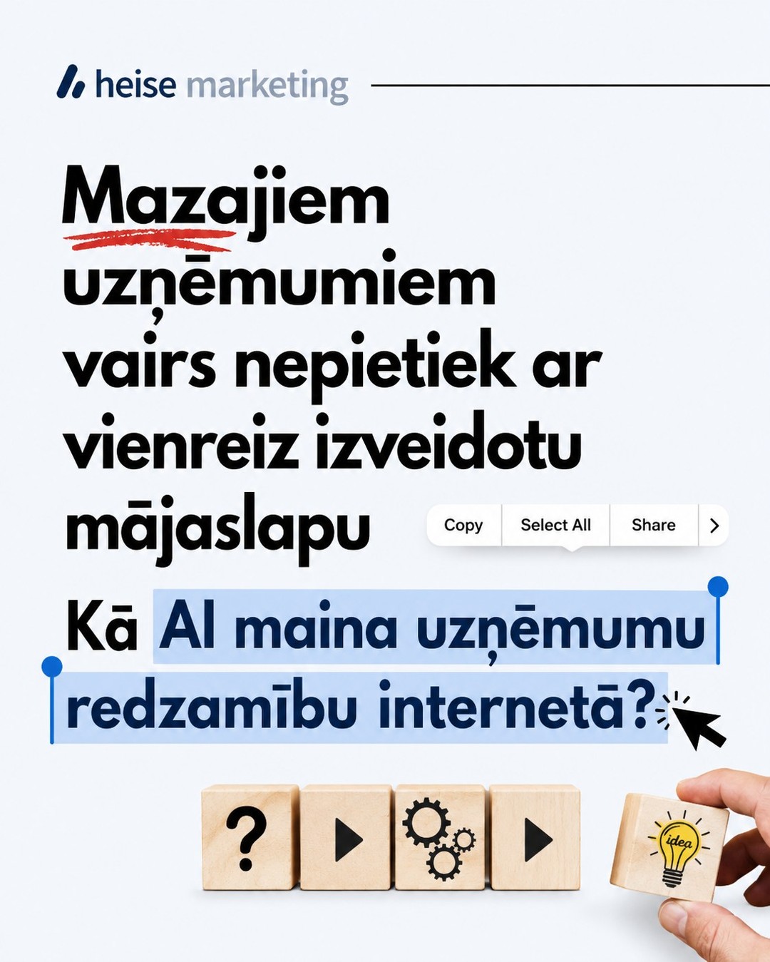 🌐 Mājaslapa vairs nav projekts, ko izveido vienreiz un aizmirst. AI laikmetā redzamību iegūst uzņēmumi, kuri regulāri publicē saturu, atjauno informāciju, komunicē ar klientiem un veido aktīvu digitālo klātbūtni.
👉 Tieši par to runāja nozares eksperti Siinda Live 2026 konferencē Berlīnē. Pāršķir karuseli un uzzini, kādas izmaiņas AI jau šobrīd ievieš digitālajā mārketingā un ko tas nozīmē mazajiem uzņēmumiem.