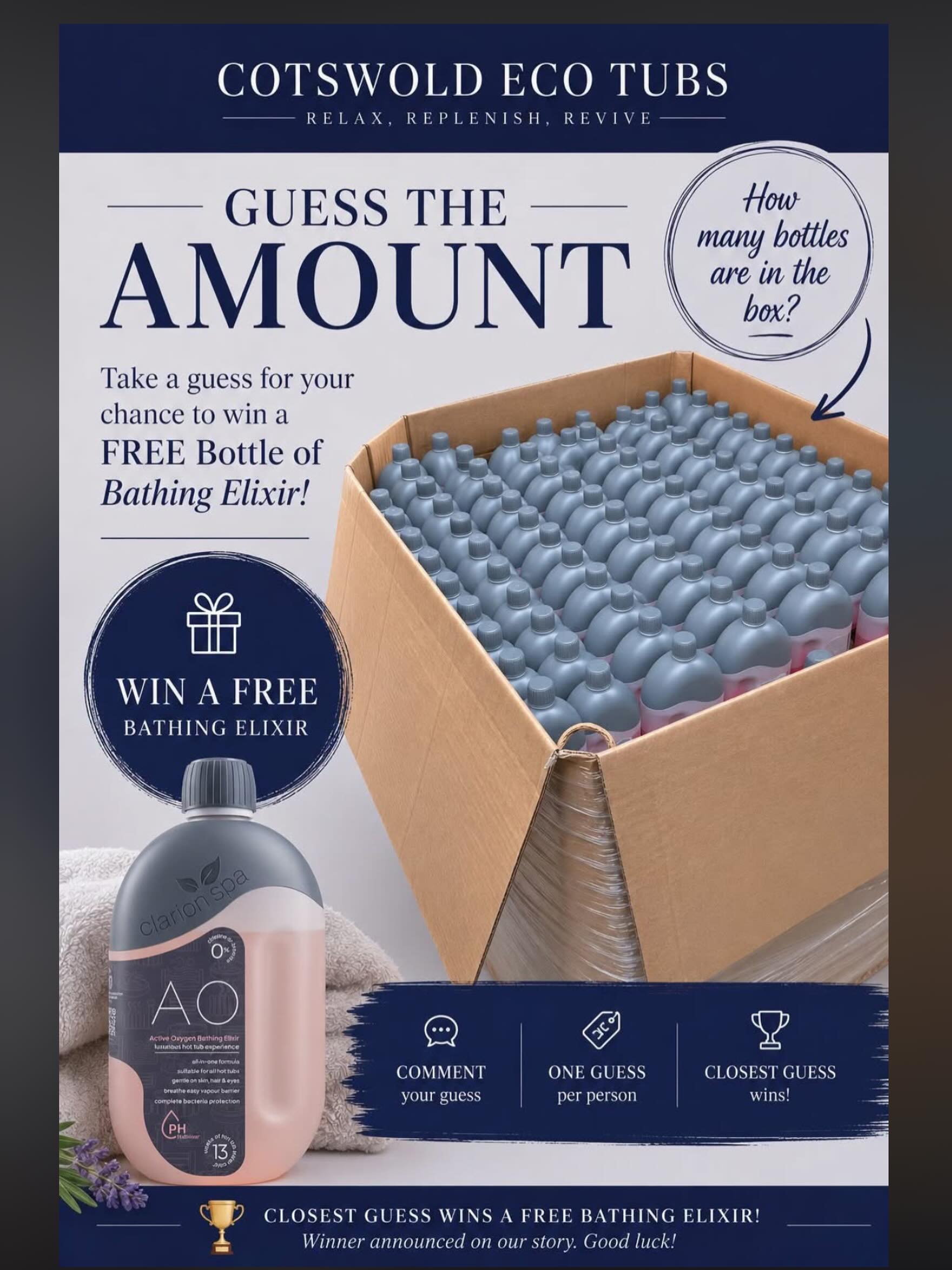 🎉 FUN COMPETITION TIME! 🎉
Think you’ve got a good eye for numbers? 👀
How many bottles of Clarion Spa Bathing Elixir are in the box? 📦
🫧 The closest guess wins a FREE bottle of Clarion Spa Bathing Elixir! 🫧
To enter:
✅ Like this post
✅ Comment your guess below
✅ Share with your friends
📅 Competition closes Friday 5th June at 12:00pm (midday).
🏆 The winner will be announced shortly afterwards.
Good luck everyone! 🍀
#ClarionSpa #BathingElixir #CompetitionTime #cotswoldecotubs #HotTubCare EcoSoak sustainablesparkle woodfiredhottubs