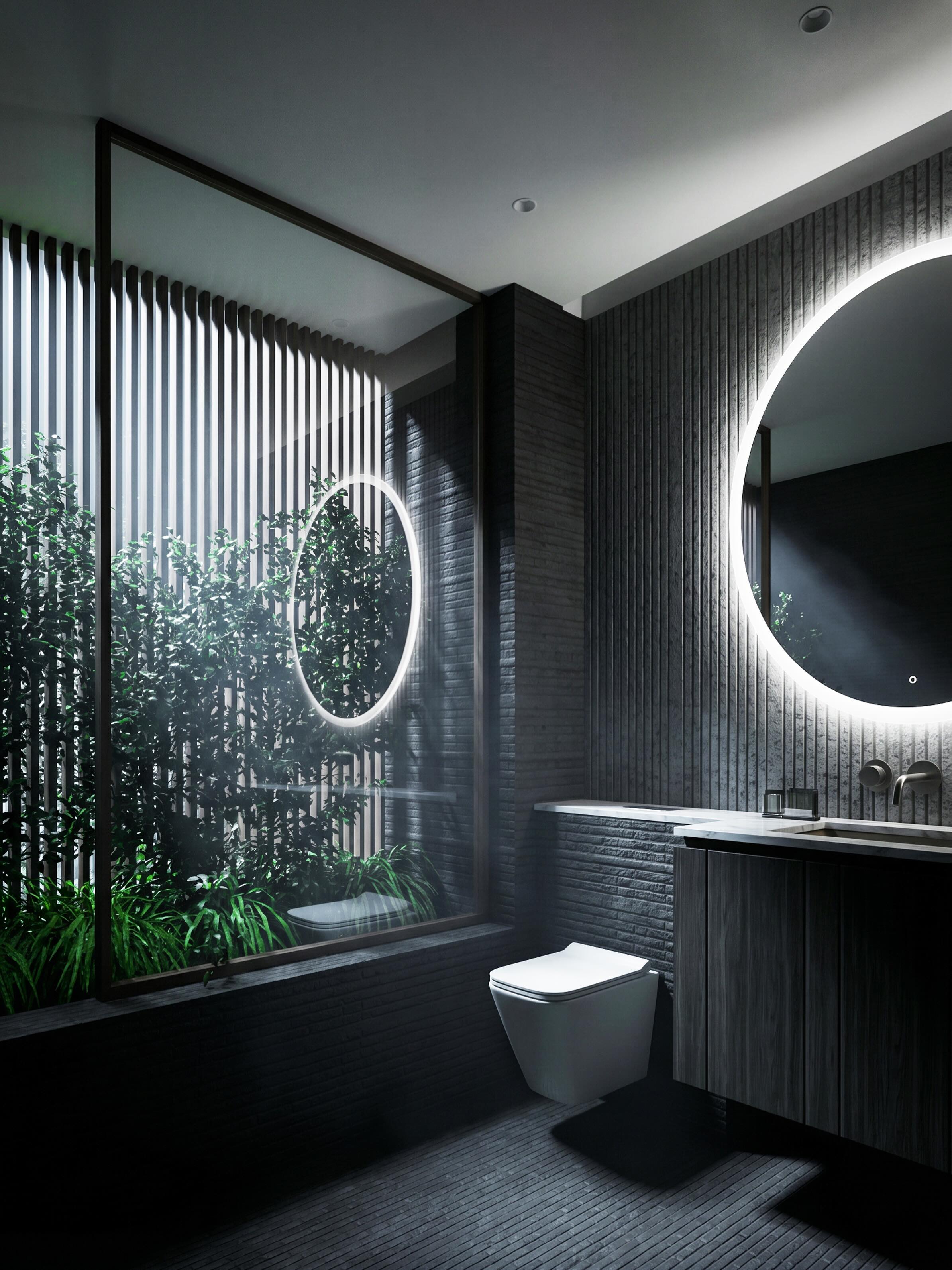 Ensuite bathroom with a planter in a dark drama setting .