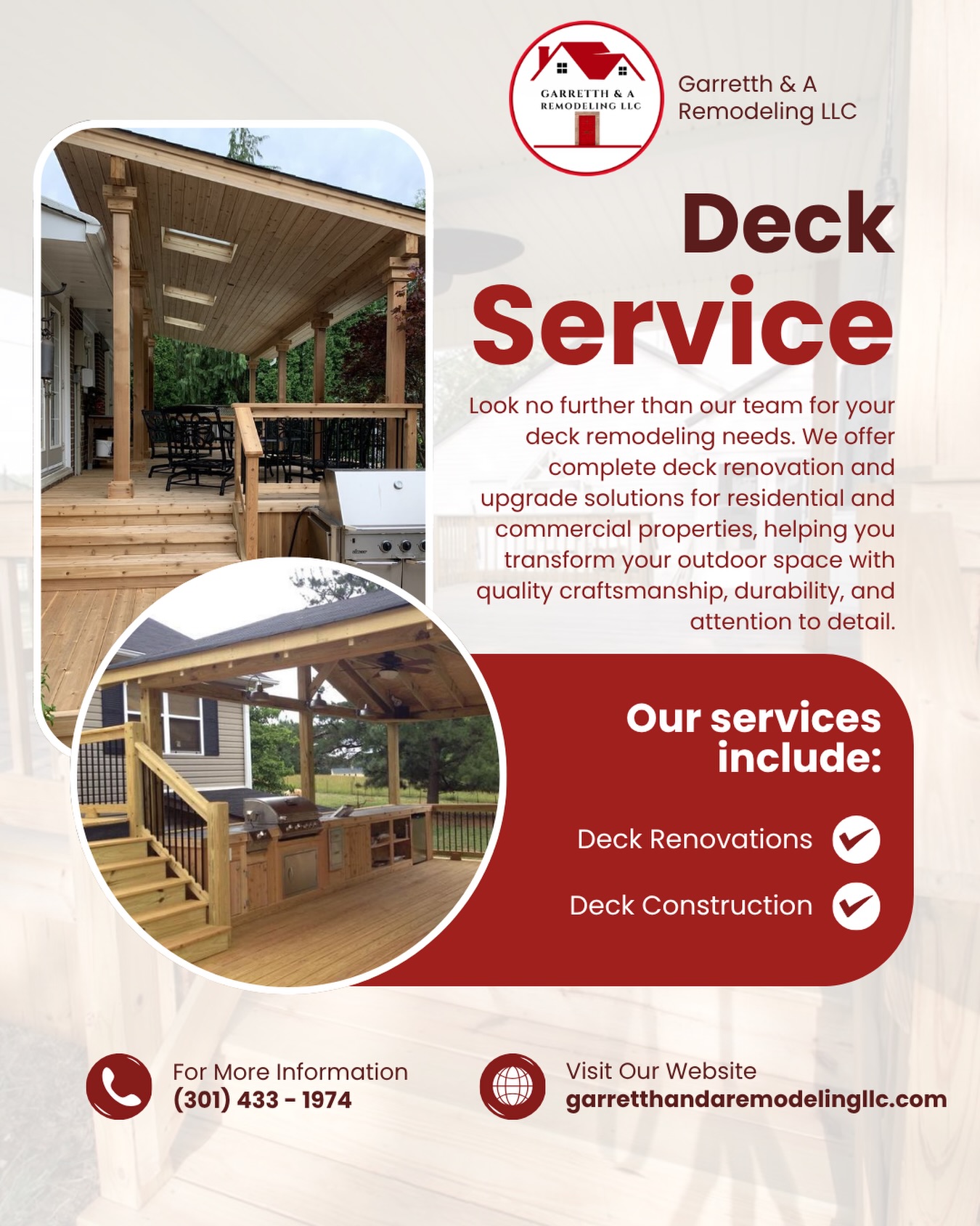 Ready to transform your outdoor space?
At Garretth & A Remodeling LLC, we specialize in deck remodeling and deck construction that brings comfort, style, and function to your home. Whether your deck needs a full upgrade or you’re ready to build something brand new, our team is here to help make it happen.
📍 Serving Maryland
📞 (301) 433 - 1974
Contact us today for a free estimate!
.
.
.
.
.
.
.
.
.
.
.
.
.
.
.
.
#explorepage #fyp #remodeling #generalcontractor #maryland