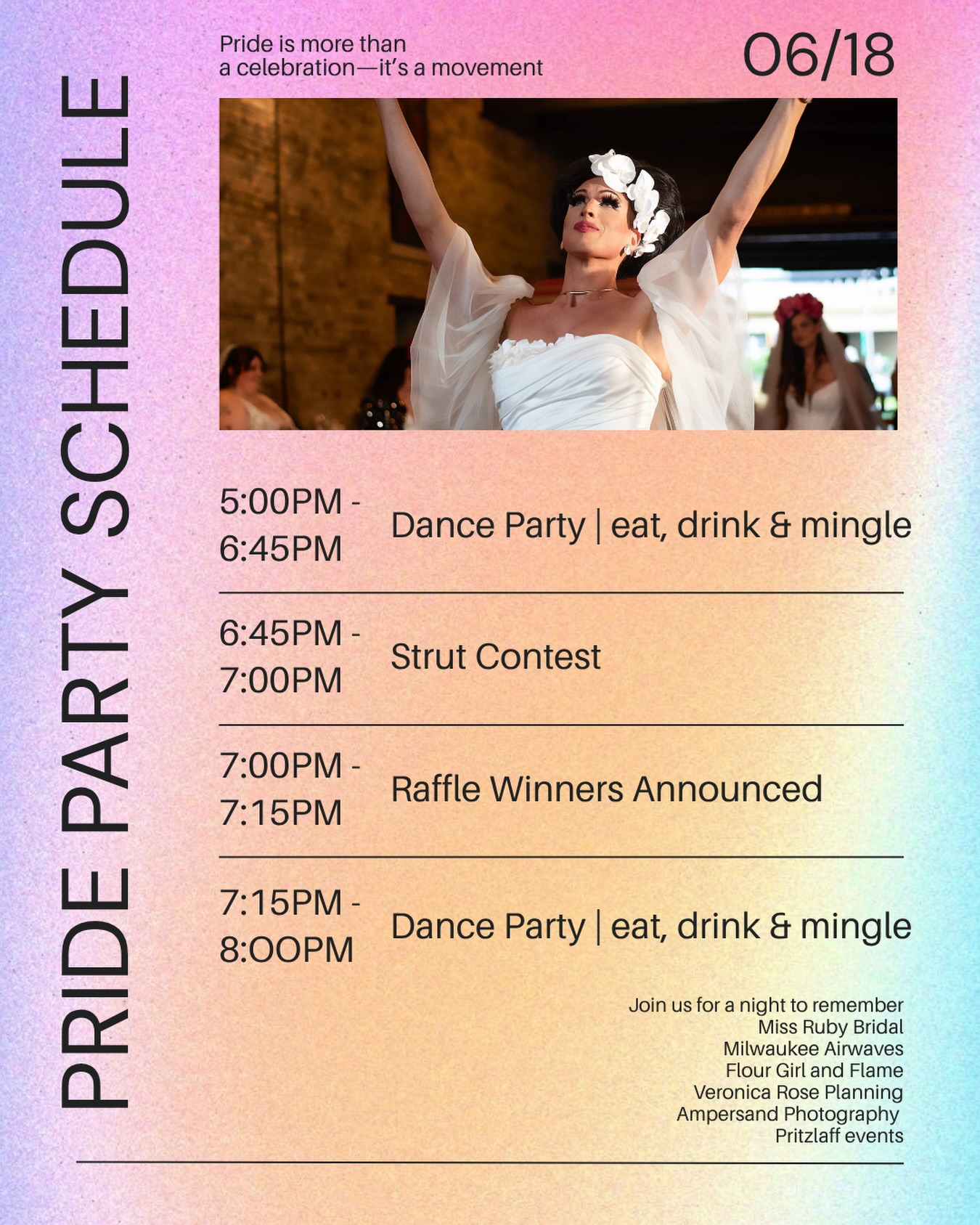 The schedule is SET and we are ready to show our PRIDE 🌈
Join us June 18 from 5-8pm at the Pritzlaff Courtyard for a night of dancing, dining, strutting and celebrating love in all its forms ❤️🧡💛💚🩵💜
Expect raffle prizes, good vibes and even better people!! Get your tickets at the link in our bio
@milwaukeeairwaves
@veronicaroseplanning
@pritzlaffevents
@flourgirlandflame
@ampersandphotographyllc