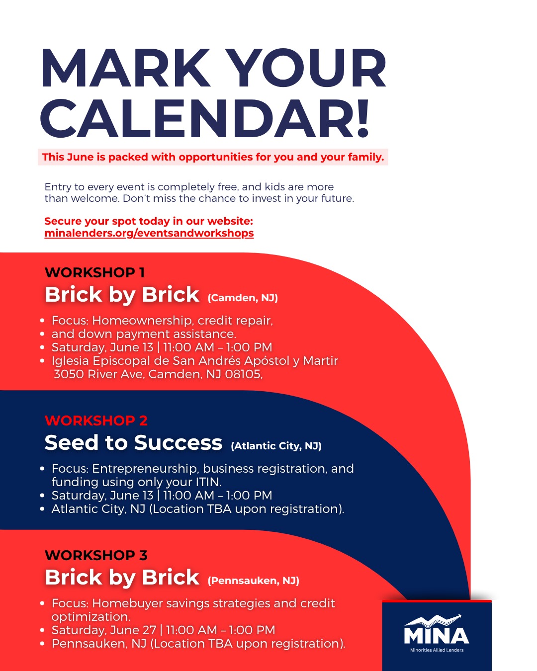 ¡PREPARA TU AGENDA! Este mes de junio viene lleno de oportunidades para ti y tu familia.
Queremos verte crecer. Por eso, hemos preparado tres talleres totalmente GRATUITOS y 100% familiares para darte las herramientas que necesitas, ya sea para comprar tu casa propia o para lanzar tu propio negocio.
¿Lo mejor? Todos los eventos son libres de costo y los niños son más que bienvenidos. No dejes pasar la oportunidad de invertir en tu futuro.
¡El cupo es limitado!
Regístrate hoy mismo haciendo clic en el enlace de nuestra biografía (Link in bio).
-
MARK YOUR CALENDAR! This June is packed with opportunities for you and your family.
We want to see you thrive. That’s why we’ve put together three FREE, 100% family-friendly workshops to give you the exact tools you need—whether you want to buy your first home or launch your own business!
Entry to every event is completely free, and kids are more than welcome. Don’t miss the chance to invest in your future.
Secure your spot today with link in our bio.