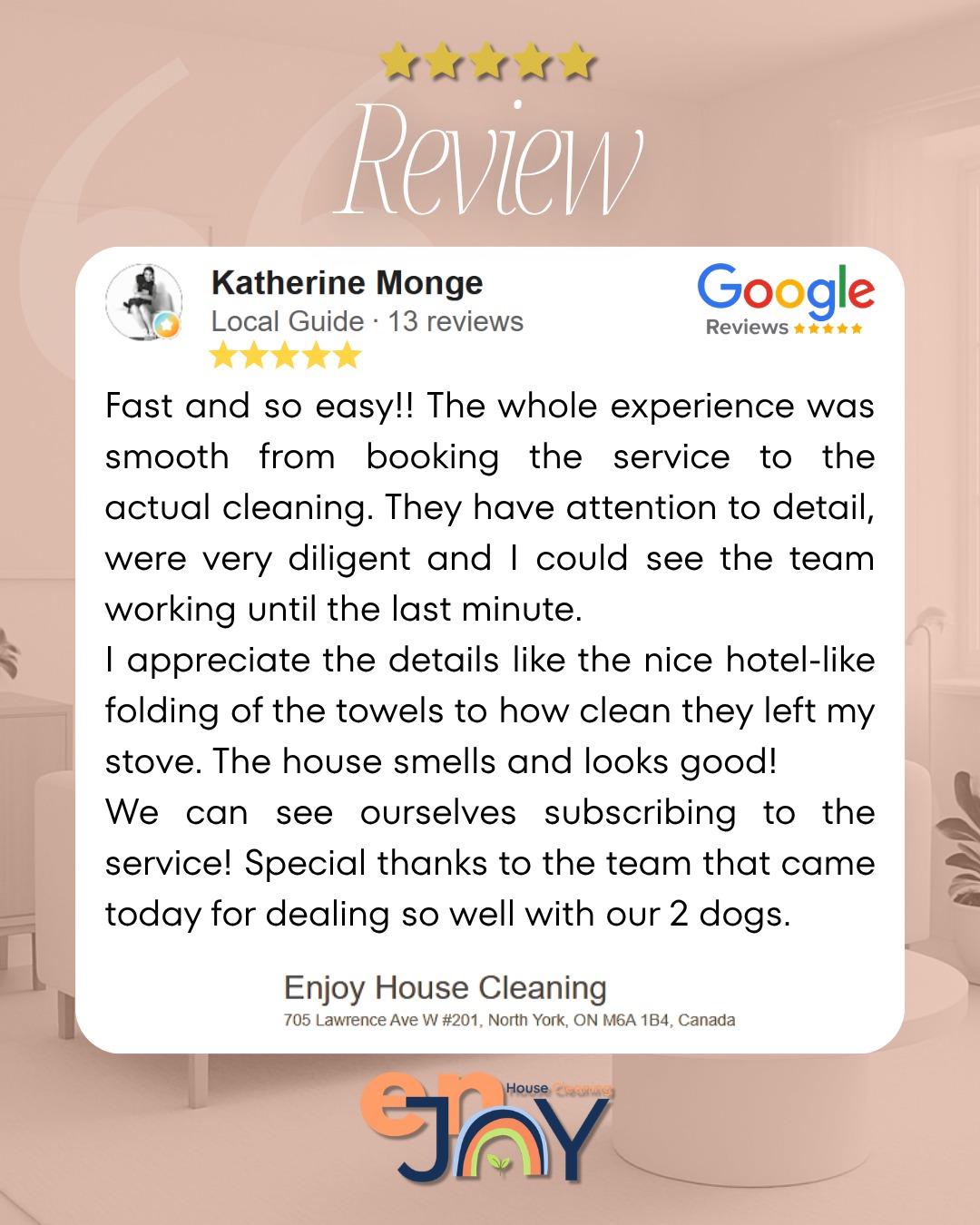 ✨ Another happy customer, and this one made our day!
There's nothing better than hearing that every step of the process felt smooth and stress-free, from booking to the final touches💙
We believe great cleaning is all about the details: neatly folded towels, a sparkling stove, fresh-smelling spaces, and a home that feels truly cared for.
A special thank you for recognizing our team’s hard work and for trusting us with your home (and your two furry family members 🐶🐶).
Reviews like this remind us why we do what we do. Thank you for choosing Enjoy House Cleaning!
⭐ Thinking about trying our service? We'd love to help you enjoy a cleaner, more comfortable home.
#EnjoyHouseCleaning #TorontoCleaning #HouseCleaningService #HappyClients #CleaningExperts #CleanHomeHappyHome #DeepCleaning #RecurringCleaning #CustomerReview #TorontoHomes