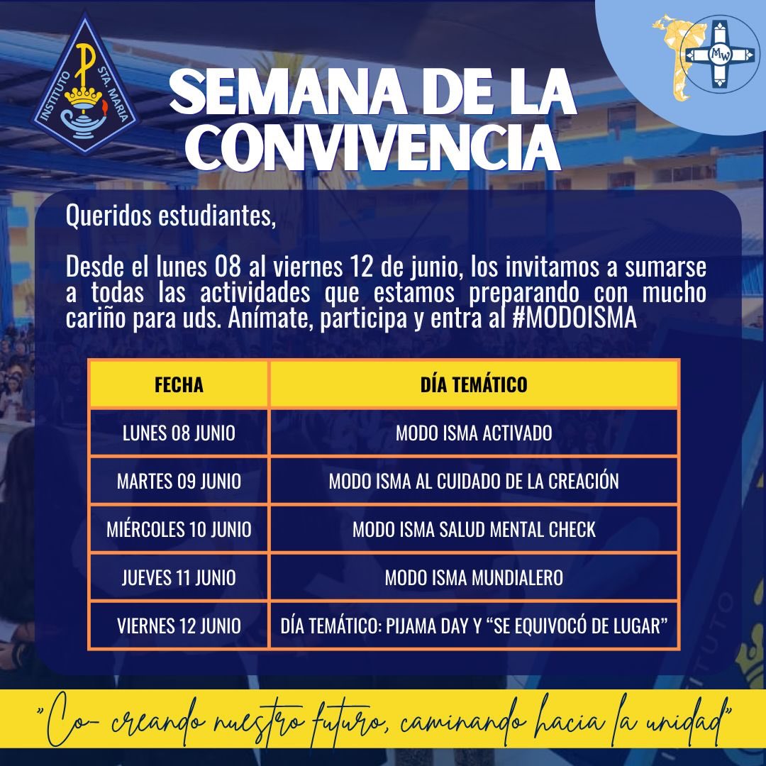 Queridos estudiantes,
Los invitamos a participar de todas las actividades que hemos preparado con mucho cariño para uds.
Súmate, participa, entra al #ModoISMA
💙💛