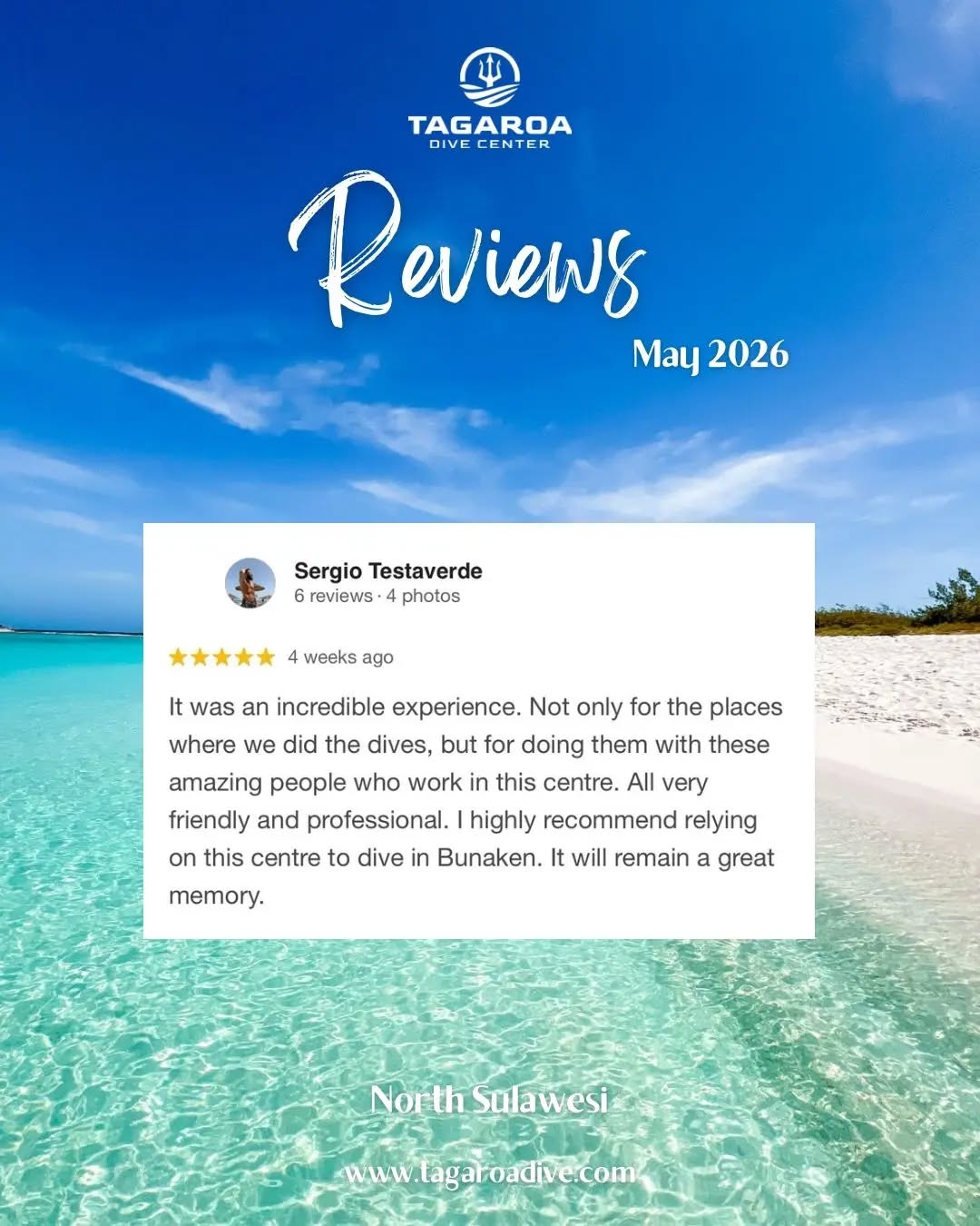 A month shaped by your experiences. 🤿✨
Throughout May 2026, we had the pleasure of welcoming divers from around the world to Manado, each bringing their own story to the water.
Your reviews mean a lot to us. Creating a safe, relaxed, supportive, and enjoyable diving experience is always our priority, and we’re grateful to be part of those moments with you.
Whether it was your first dive or one of many, thank you for choosing to dive with us and for sharing your experience.
If you’re planning your next dive in Manado, we’d be happy to welcome you. Get in touch to reserve your spot.
Tagaroa Dive Center
Authorized PADI 5 Star Dive Centre S-29078 ⭐️⭐️⭐️⭐️⭐️
Official DAN World Business Member #3238023
Contact us for more information & booking:
🤿@tagaroadivecenter
🌐www.tagaroadive.com
✉️ tagaroadivecenter@gmail.com
📞+62822-800-600-88
*We accept payment by OVO, GOPay, Qris, Credit Card Mastercard/VISA (0% installment program).
#TagaroaDiveCenter #ScubaDivingManado #ScubaDivingIndonesia #PADI