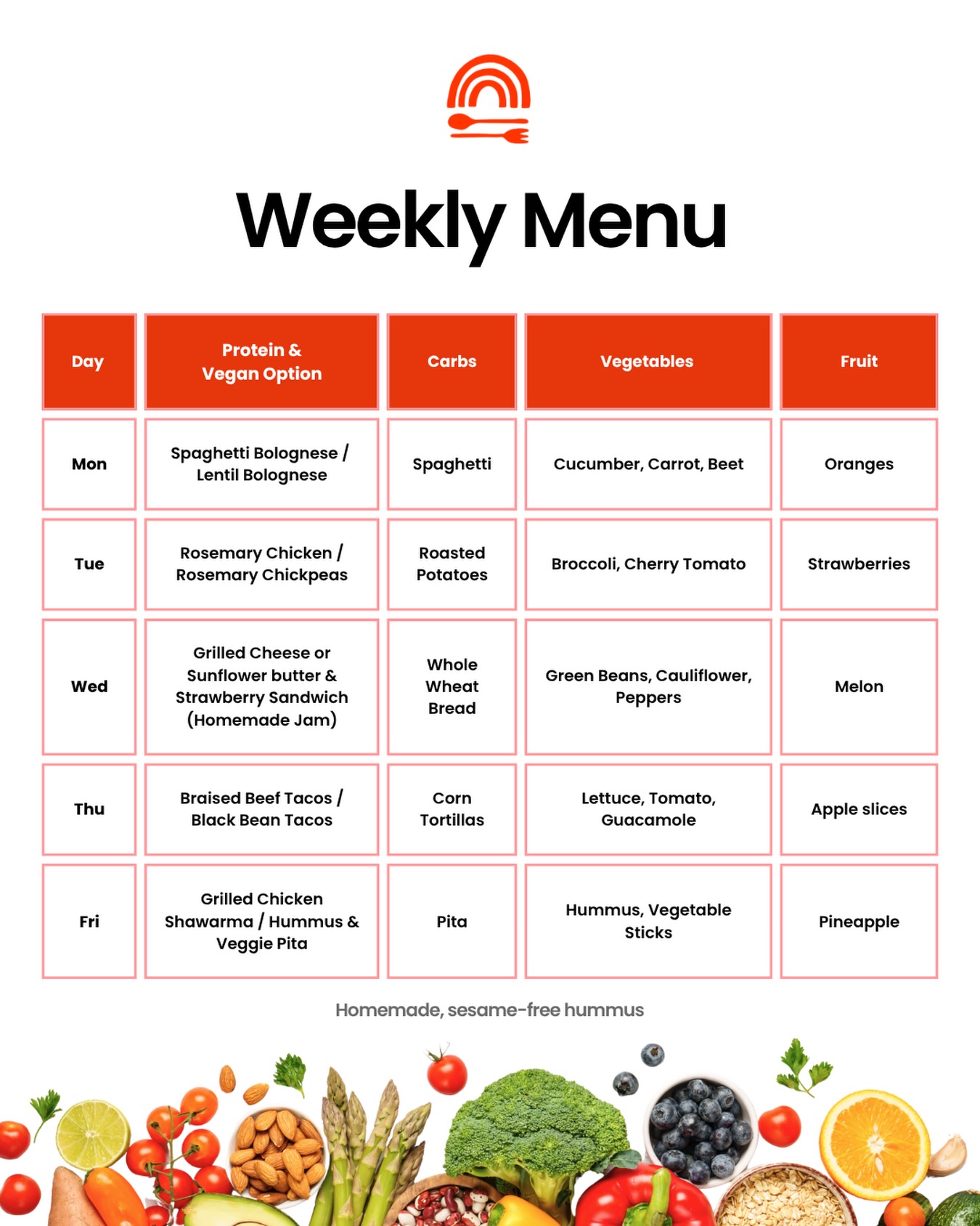 This week’s lineup: nourishing, vibrant, and full of flavor. 🌱
Every meal we serve is carefully designed with high-quality proteins, fresh seasonal vegetables, and a daily plant-based option so every child feels included and energized for the afternoon.
What is your child’s favorite dish this week? Let’s talk below 👇
#RainbowKitchen #SchoolLunch #KidsNutrition #KidsLunch #MadeWithLove