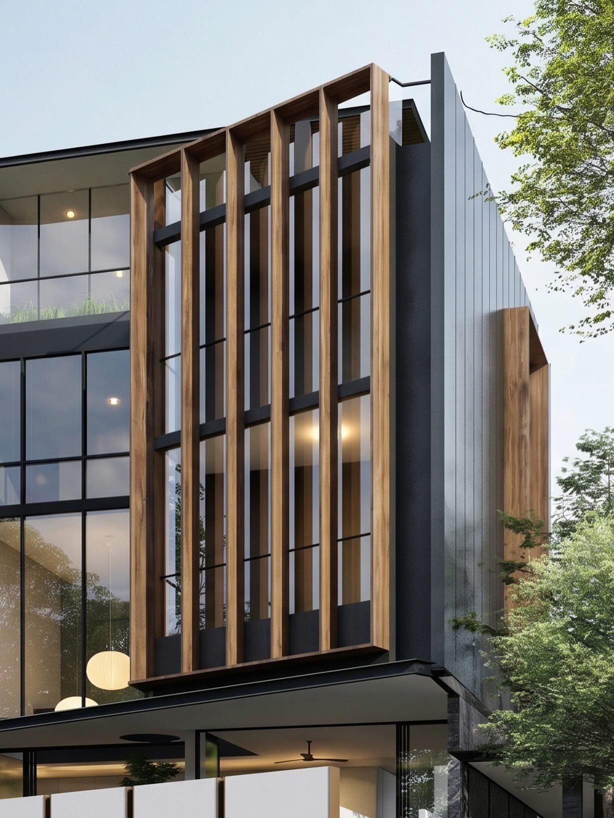 Corner detailing proposal with sleeks lines and framing by alum panels.