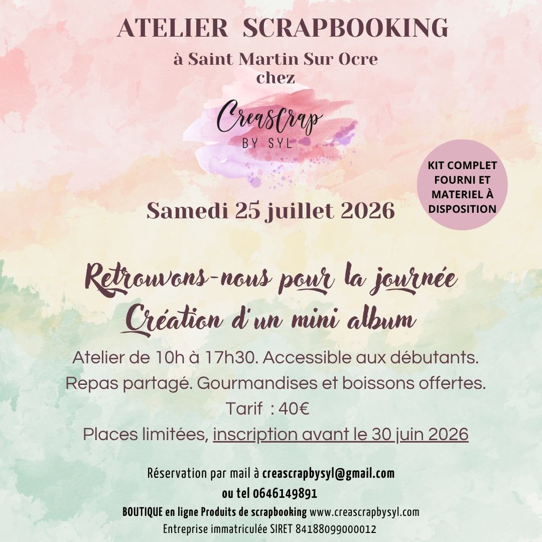📅 Nouvelle date ! 🌞
Bloquez bien vos agendas pour le samedi 25 juillet, car une journée haute en créativité vous attend ! Imaginez-vous en train de réaliser un mini album aux teintes ensoleillées, le parfait souvenir pour clore cette saison d'ateliers. Et bien sûr, le tout arrosé de boissons glacées et agrémenté de délicieuses douceurs. Ça promet d'être un moment mémorable !
Partagez à gogo ! 🙏 Reste quelques places.
Avec impatience,
Sylvie