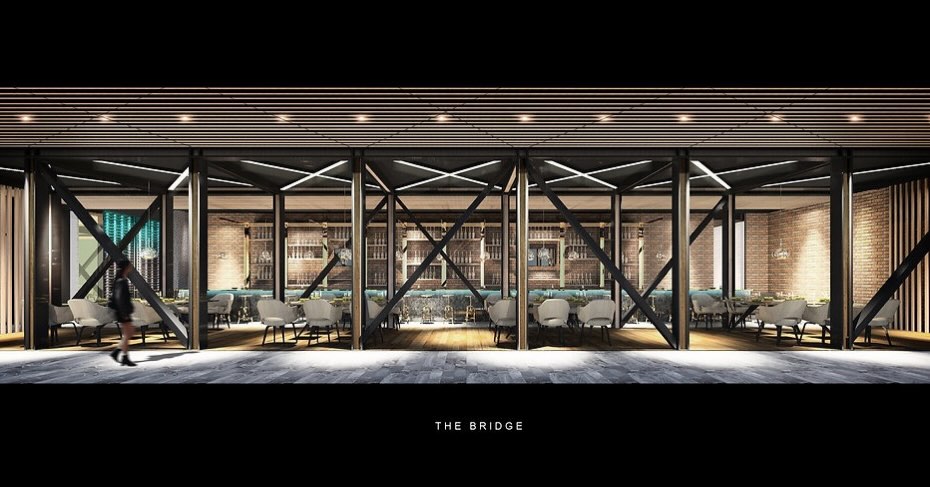 The main spaces are expressed as a bridge framing up the dining activities within.