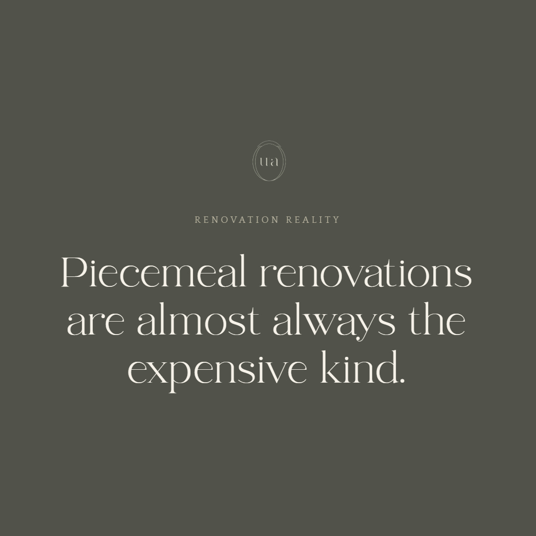 Piecemeal renovations are almost always the expensive kind.
Not because the individual decisions are wrong, but because they're made without a view of how everything connects. The bathroom gets done. A year later the laundry. The year after, the kitchen. Each time, there are things you would have done differently if you'd seen the whole picture first.
A planned renovation isn't about doing everything at once. It's about understanding the full scope before you start the first phase, so each stage feeds into the next instead of contradicting it.
The cost difference shows up in variations avoided, finishes that carry through, and decisions you don't have to undo later.
Save this if a renovation is coming up.