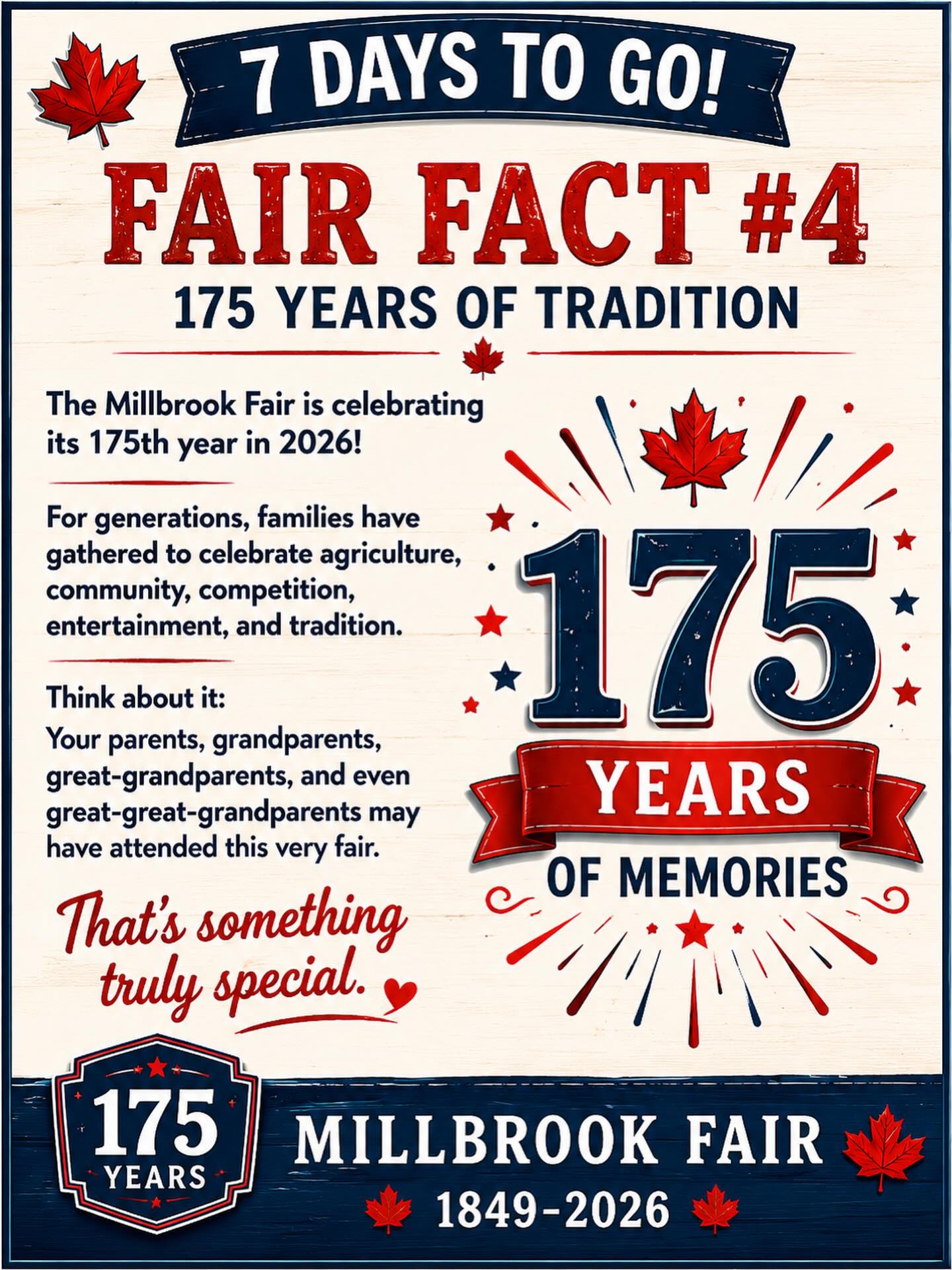 ๐ FAIR FACT #4 โ 175 YEARS OF TRADITION ๐
The Millbrook Fair is celebrating its 175th year in 2026!
Since 1849, generations of families have come together to celebrate agriculture, community, competition, and tradition. Chances are your parents, grandparents, and even great-grandparents attended this very fair.
For 175 years, the Millbrook Fair has been creating memoriesโand we canโt wait to make more with you June 11โ14!
๐ Whatโs your favourite Millbrook Fair memory?
#MillbrookFair #175Years #175YearsOfMemories #Since1849 175thMillbrookFair 7DaysToGo ๐๐กโค๏ธ
