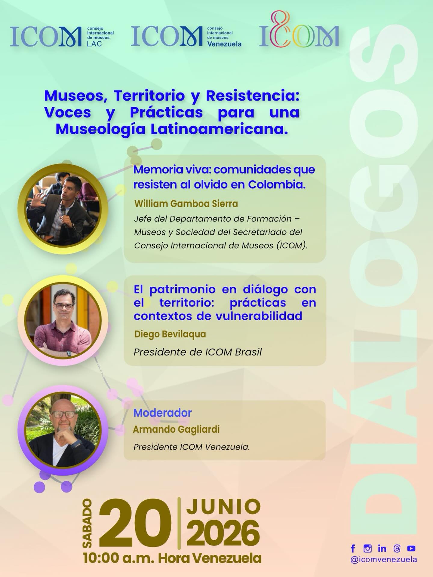 Enlace en la Bio
🎙️ DIÁLOGOS ICOM VENEZUELA
Museos, Territorio y Resistencia: Voces y Prácticas para una Museología Latinoamericana
En esta nueva reunión, contaremos con destacados invitados que nos compartirán experiencias y reflexiones desde Colombia y Brasil, para pensar juntos el rol de los museos en contextos de resistencia y vulnerabilidad.
🎤 Invitados:
🔹 William Gamboa Sierra (ICOM Internacional) – Memoria viva: comunidades que resisten al olvido en Colombia
🔹 Diego Bevilacqua (ICOM Brasil) – El patrimonio en diálogo con el territorio: prácticas en contextos de vulnerabilidad
🎙️ Moderador: Armando Gagliardi (ICOM Venezuela)
📅 Fecha: Sábado 20 de junio de 2026
⏰ Hora: 10:00 a.m. (Caracas)
💻 Plataforma: Zoom
🔗 Enlace de acceso:
https://us06web.zoom.us/j/87080658925?pwd=blhDPAVGzUJhy3OJocS3ZPGrWv1zZU.1
🆔 ID reunión: 870 8065 8925
🔑 Código de acceso: 307435
📢 ¡La participación es libre y abierta a toda la comunidad museológica y afín!
Comparte y etiqueta a quienes les interese el tema.
#ICOMVenezuela #MuseosYTerritorio #MuseologíaLatinoamericana #MemoriaViva #ResistenciaCultural
