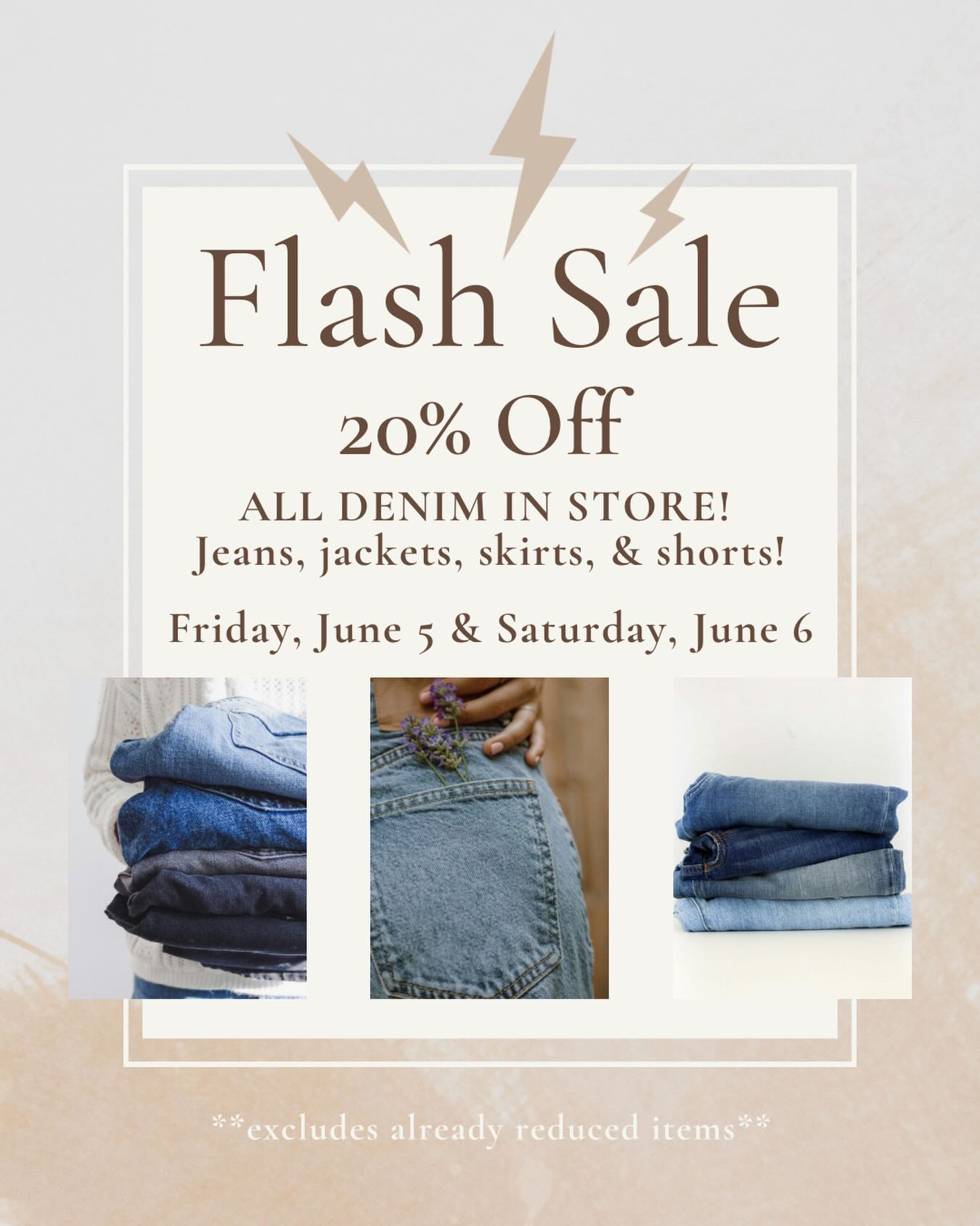 ๐ DENIM FLASH SALE ๐
All denim 20% off TOMORROW & SATURDAY!
Jeans, jackets, tops, shorts and skirts!
Weโre open 10am to 5pm!
*excludes already reduced items*