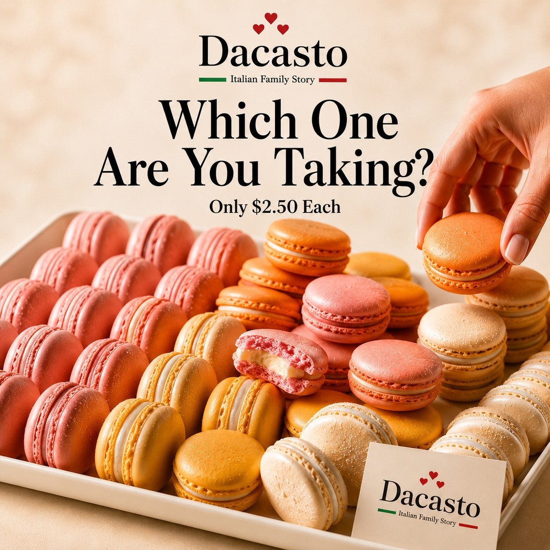 Vibrant, irresistible, and bursting with flavour—discover handcrafted Italian macarons, baked fresh daily. From silky vanilla to luscious fruit, each bite is a taste of pure indulgence. Which shade tempts you first? 🩷 Pink 🧡 Orange 💛 Yellow 🤍 White Tag a friend who couldn’t resist the whole tray below! 📍 Dacasto Gran Pasticceria 💲 Only $2.50 each #Dacasto #Macarons #ItalianPastry #TorontoBakery #DessertLover #SweetTreats #FreshBaked #FoodieToronto #BakeryLife #DessertTime