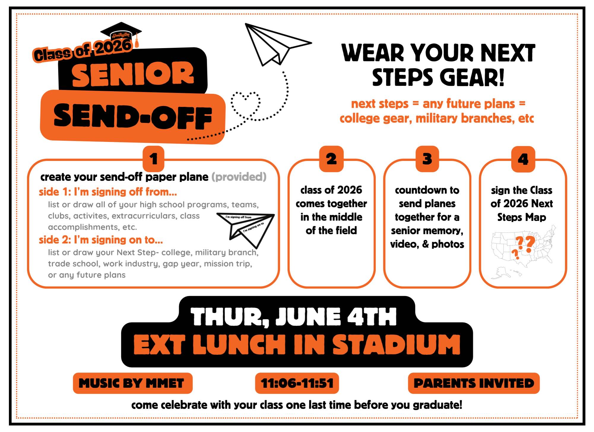 Class of 2026🧡🖤 Wear your future plans gear this Thursday and come out for Senior Send-Off during extended lunch in the stadium! ALL SENIORS ARE INVITED TO ATTEND!!!! See you for one last senior event
