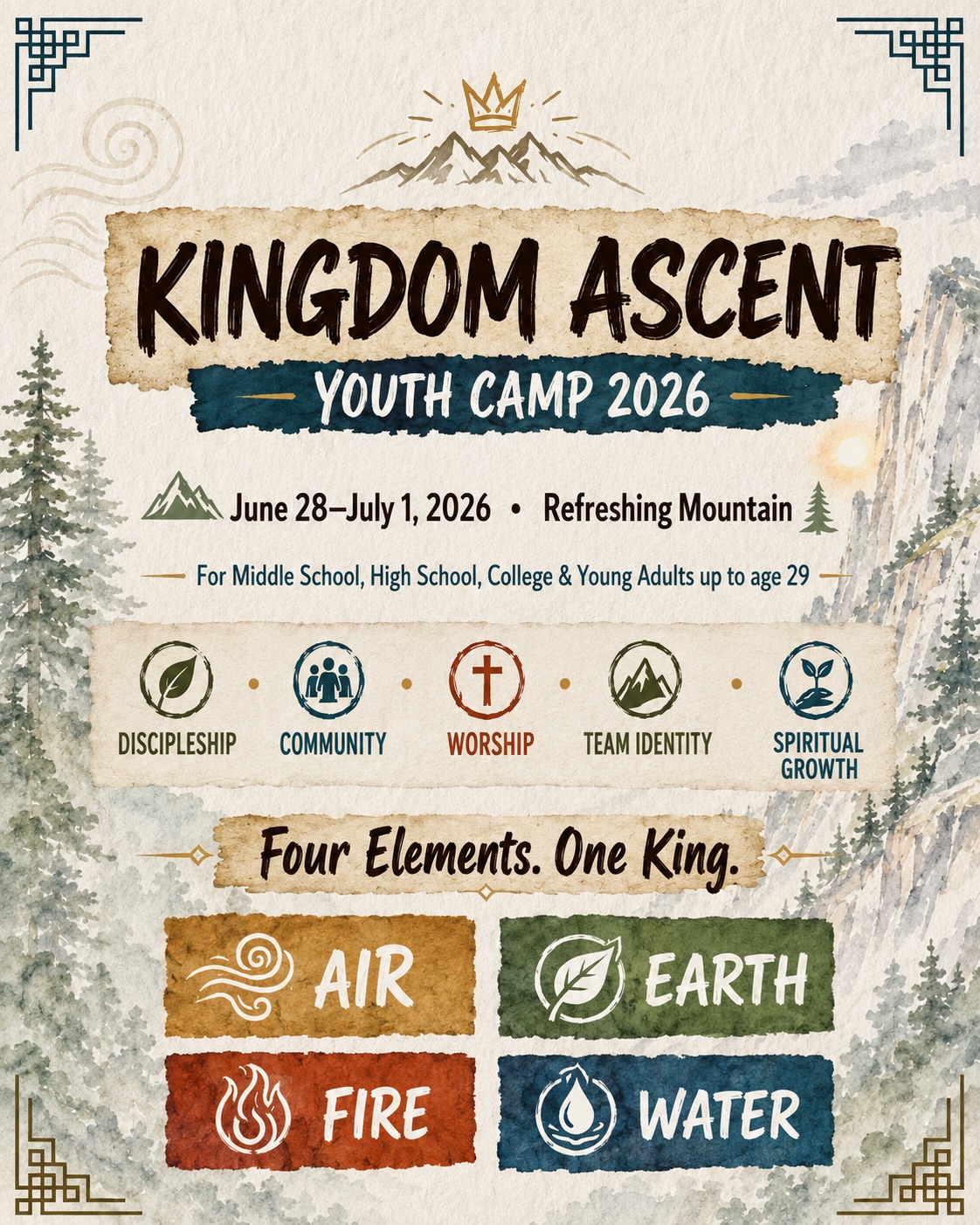 🔥🌊🌱💨 KINGDOM ASCENT YOUTH CAMP 2026 💨🌱🌊🔥
Four Elements. One King.
We’re getting ready for an unforgettable few days at Refreshing Mountain from June 28–July 1, 2026!
This camp is designed to help students and young adults grow as disciples of Jesus through worship, community, team identity, spiritual growth, practical teaching, recreation, and unforgettable camp moments.
For Middle School, High School, College, and Young Adults up to age 29.
💰 Early Bird: $350 through June 14
💰 Regular: $400 starting June 15
💰 Deposit: $100 secures your spot
Camp includes lodging, meals, transportation, a camp T-shirt, lessons, team activities, bonfire, and included recreation amenities.
📍 Want to learn more about the location?
Visit: https://refreshingmountain.com/retreats/youth-retreats/
✅ Interest form is open now!
🔗 Link in bio to register / fill out the interest form.
Questions? Reach out to the youth leadership team.
Kingdom Ascent • Four Elements. One King.
#KingdomAscent #YouthCamp2026 #OGCNJ #YouthCamp #Discipleship