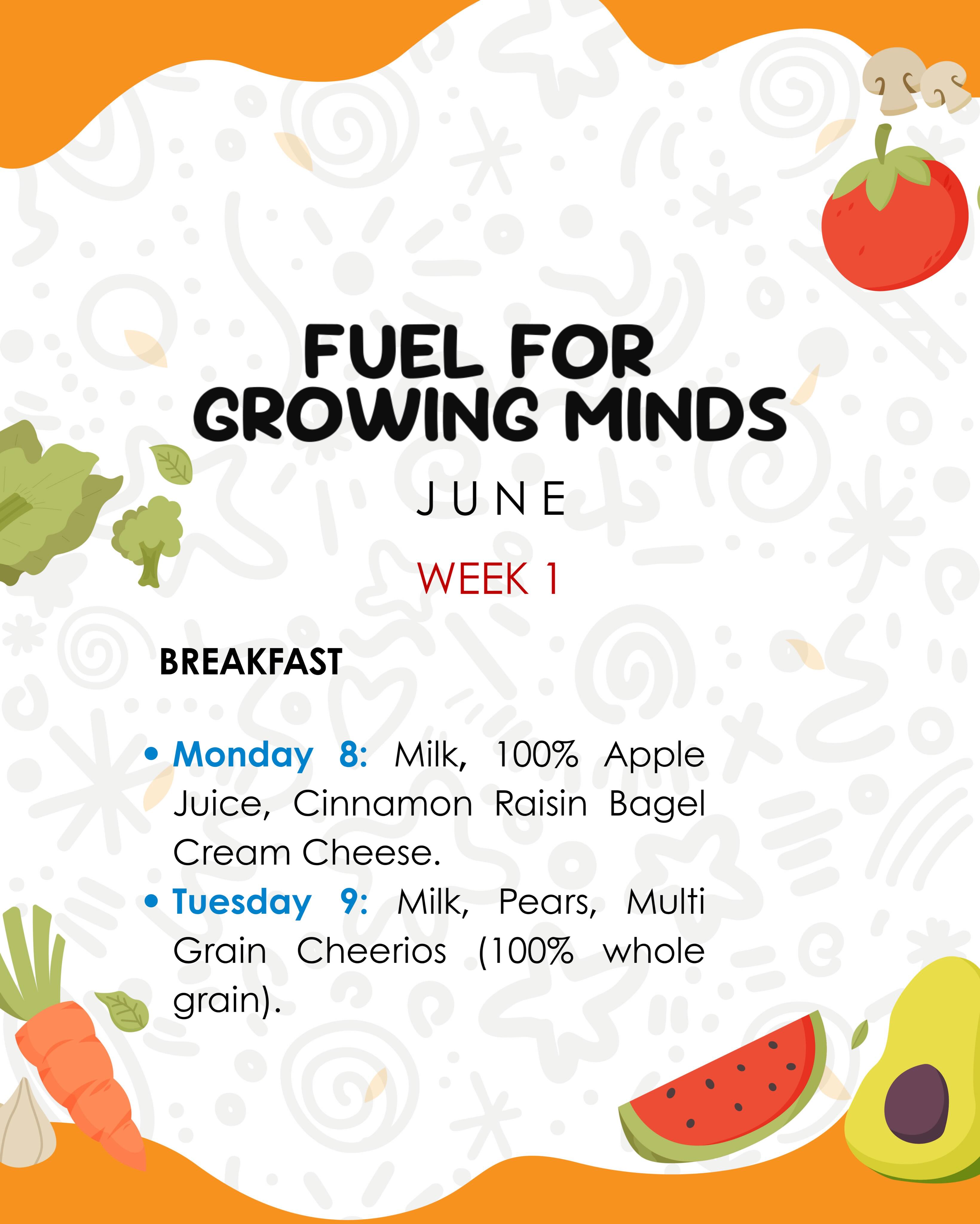 June Menu is ready! 🗓️✨ Fuel for Growing Minds.
We know how important your children’s nutrition is to you. That’s why we are sharing this month’s meal plan ahead of time, ensuring balanced, varied, and delicious meals for every day of the week.
📌 Swipe through the carousel to check out the breakfast, lunch, and snack options from Week 1 to Week 3.
⚠️ Important calendar note: Please remember that we will be closed on Friday, June 19th. Keep this in mind for your family schedule! 💛
Get your little one ready for a month full of flavor and growth! 🚀