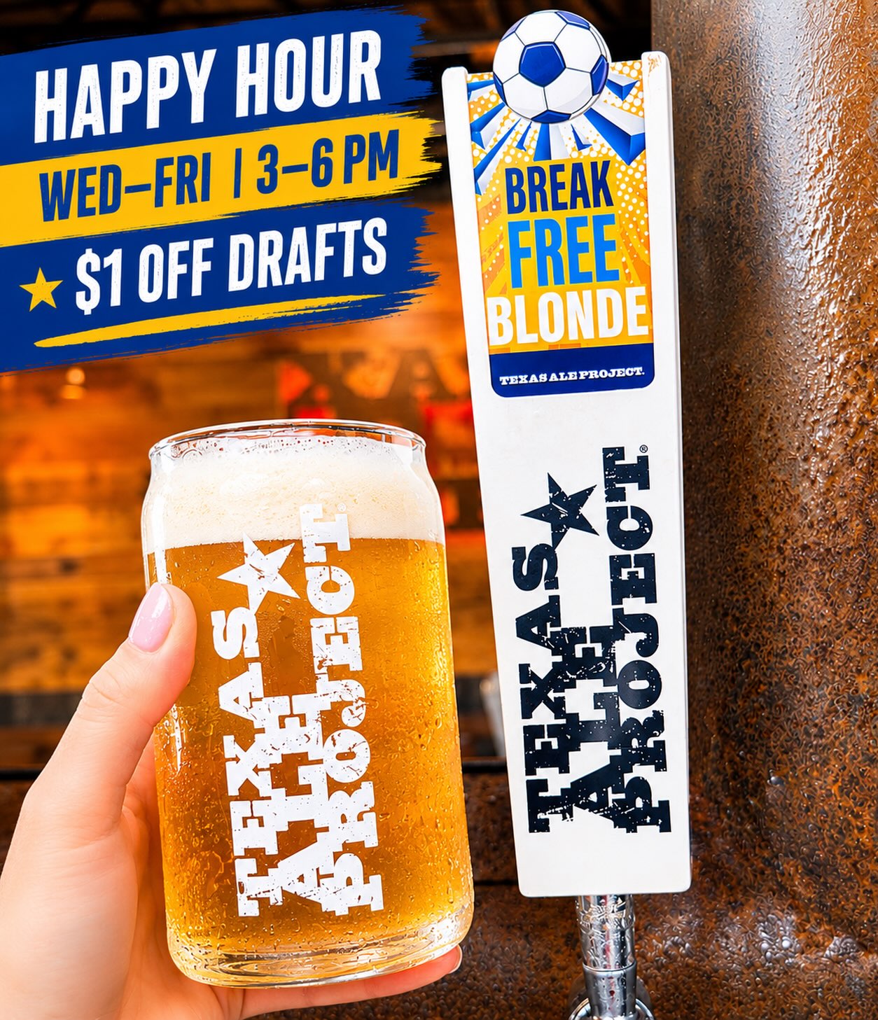 Break Free from the workday. ⚽🍺
This beer is the perfect happy hour companion, a crisp, easy-drinking blonde ale brewed for sunny patios, good company, and that first sip after a long day. Light-bodied, refreshing, and packed with Texas craft character, it’s a beer that lives up to its name.
And while you’re here, the countdown is on...
We’re officially less than 9 days away from our first World Cup Watch Party as Mexico takes on South Africa! We’ll have extended summer hours, multiple large-screen TVs for indoor and outdoor viewing, plenty of comfortable seating, cold craft beer, seltzers, bar food, and all the game-day energy you could ask for. 🌎⚽
Let’s get ready for a summer of world-class soccer.
Think Texas. Drink Texas.