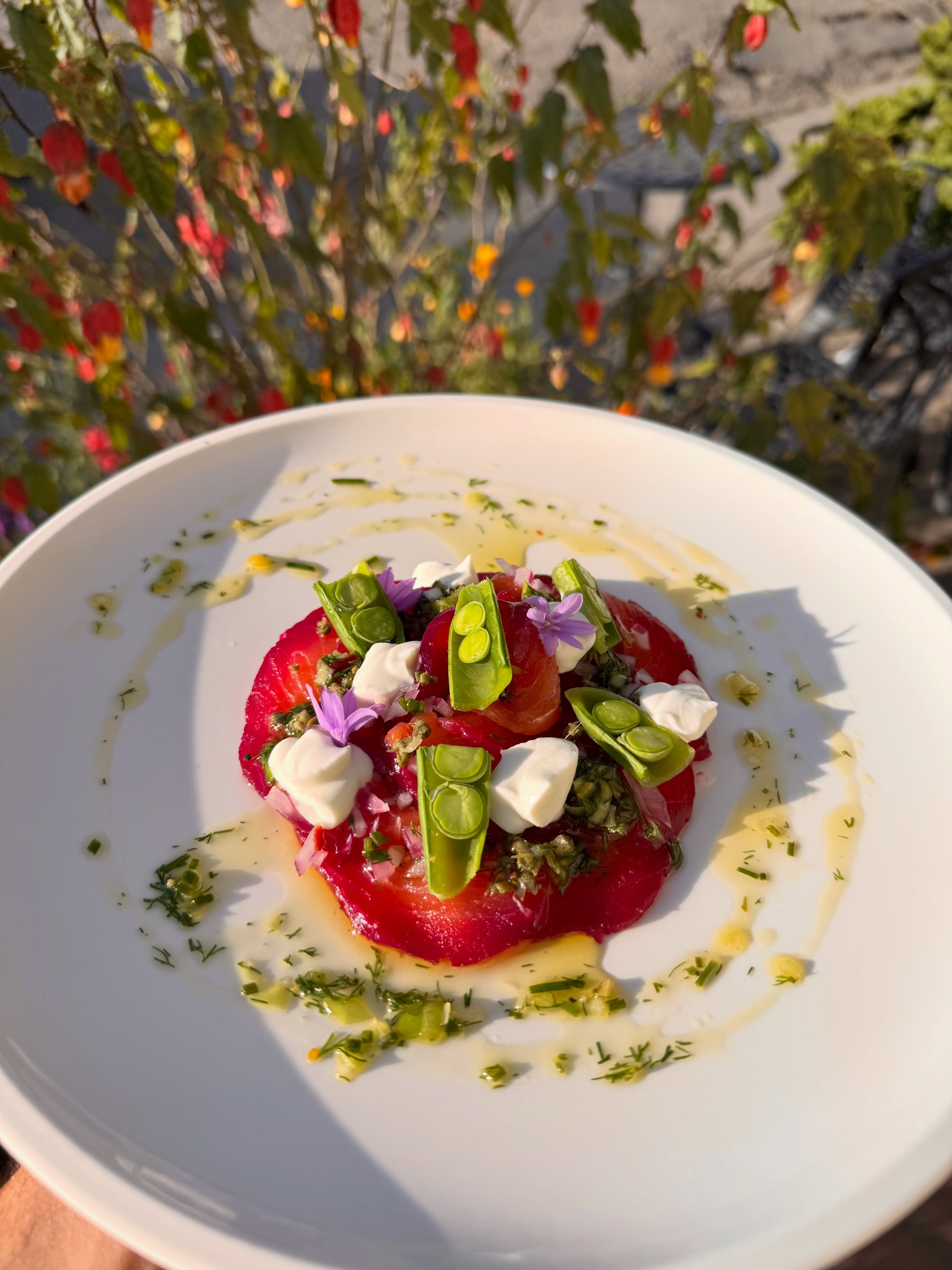 A special worth lingering over.
Beetroot-cured gravlax in the prettiest shade of summer, bright with fresh flavors and only here for a little while.
It wonât be around forever, but weâll be thinking about it long after itâs gone. đş
#SeasonalEating #FreshFlavors #Salmon #CulinaryArt #Mendocino