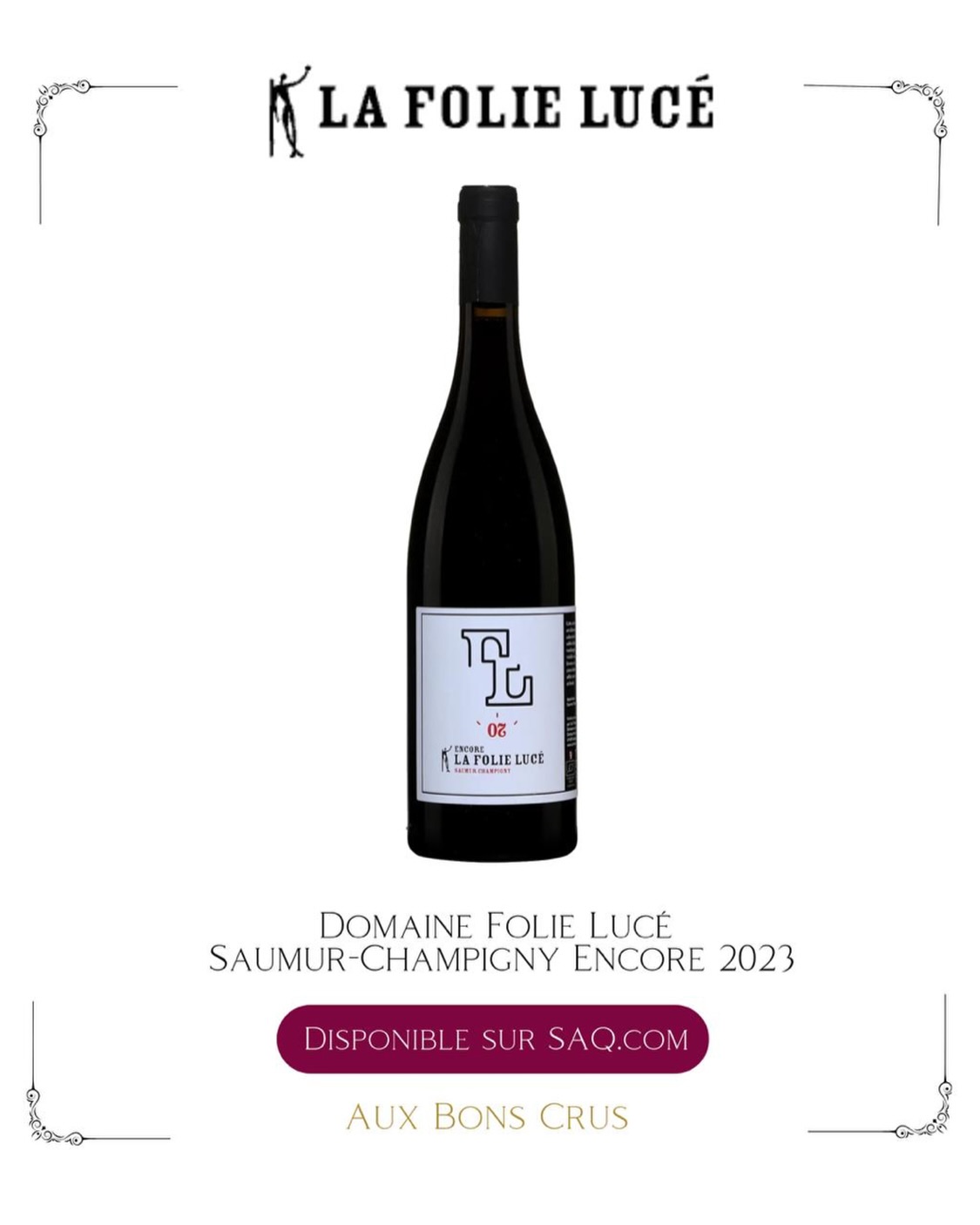 Le Saumur-Champigny Encore 2023 du domaine Folie Lucé est maintenant disponible sur SAQ.com
Cette cuvée est issue de belles vignes de Cabernet franc plantées sur des sols sablonneux et cultivées sous les principes de l’agriculture biologique. Un élevage de 15 mois en béton permet d’arrondir les tannins tout en préservant un beau fruit croquant! Superbe à tous les niveaux.