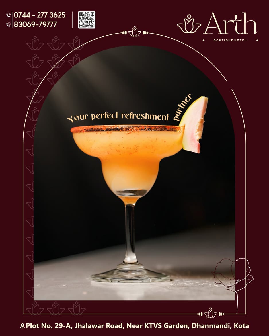 🍹✨ Sip into refreshment, one perfect glass at a time! ✨🍹
Cool, vibrant, and crafted to delight—your favorite refreshing drink awaits at Arth Boutique Hotel. Whether it's a quick escape from the heat or a relaxing evening, every sip is pure bliss. 🌿💛
📍 Plot No. 29-A, Jhalawar Road, Near KTVS Garden, Dhanmandi, Kota, Rajasthan
📞 0744-277 3625 | 83069-79777
🌐 www.arthboutiquehotel.com
.
.
#ArthBoutiqueHotel #RefreshingDrinks #SummerVibes #MocktailLove #DrinkOfTheDay #KotaFoodies #KotaHotels