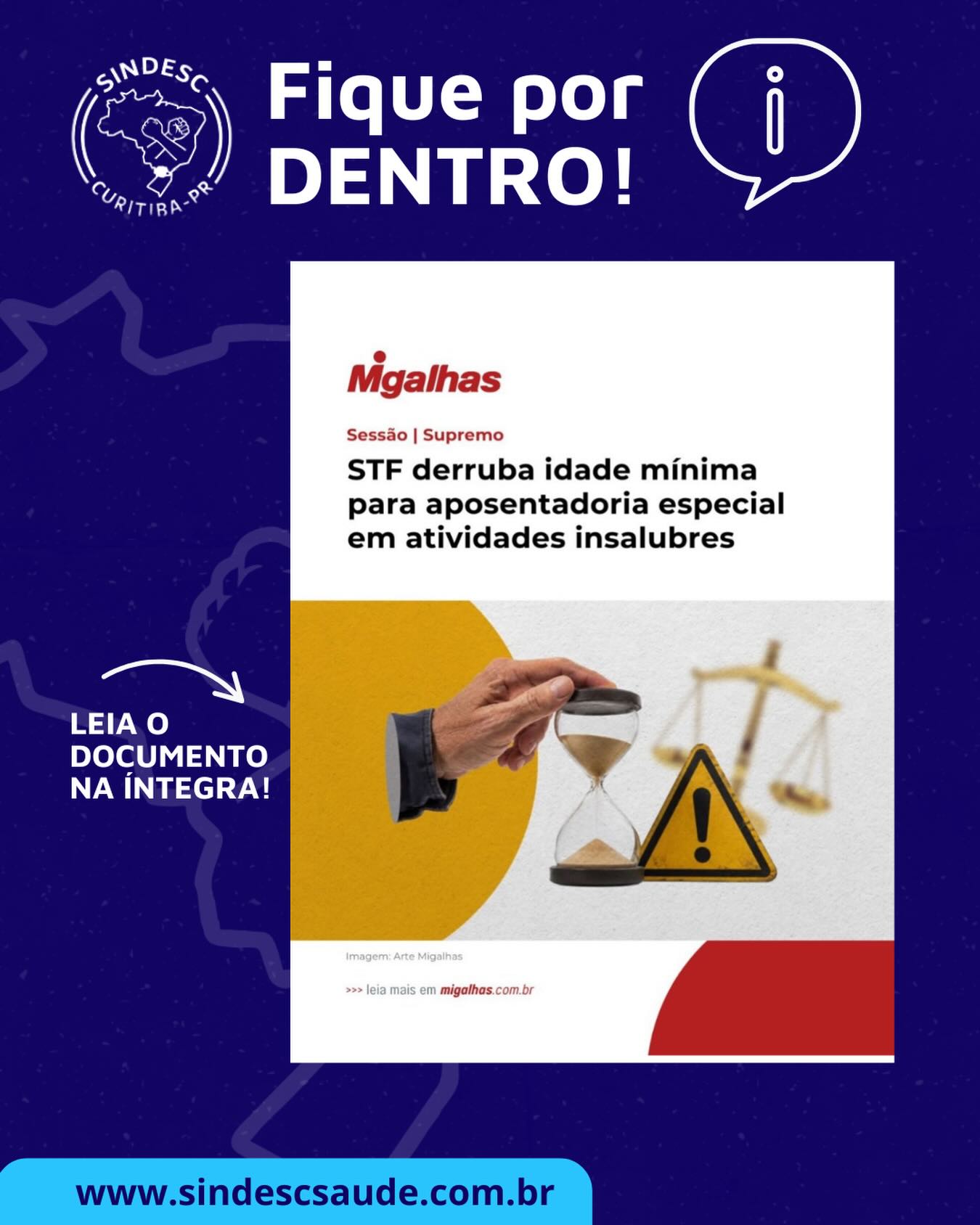 ⚖️ O STF decidiu que trabalhadores expostos a agentes nocivos não precisam cumprir idade mínima para ter direito à aposentadoria especial.
A decisão representa um importante avanço na proteção da saúde e da integridade física dos trabalhadores expostos a ambientes insalubres e perigosos.
O SINDESC segue acompanhando pautas e decisões que impactam diretamente os direitos da categoria.
📰 Leia a matéria completa na postagem original do Portal Migalhas:
🔗 https://www.migalhas.com.br
#SINDESC #AposentadoriaEspecial #DireitosDosTrabalhadores #STF #PrevidenciaSocial