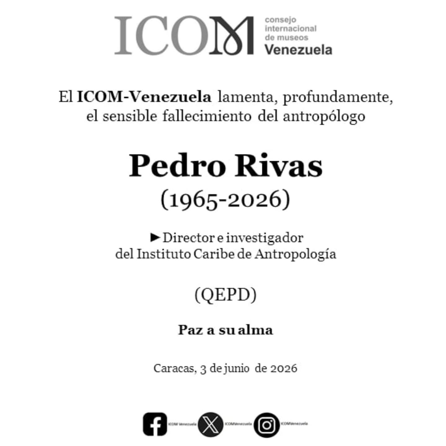 #ICOMVenezuela #Obituario #PedroRivas #3Junio2026