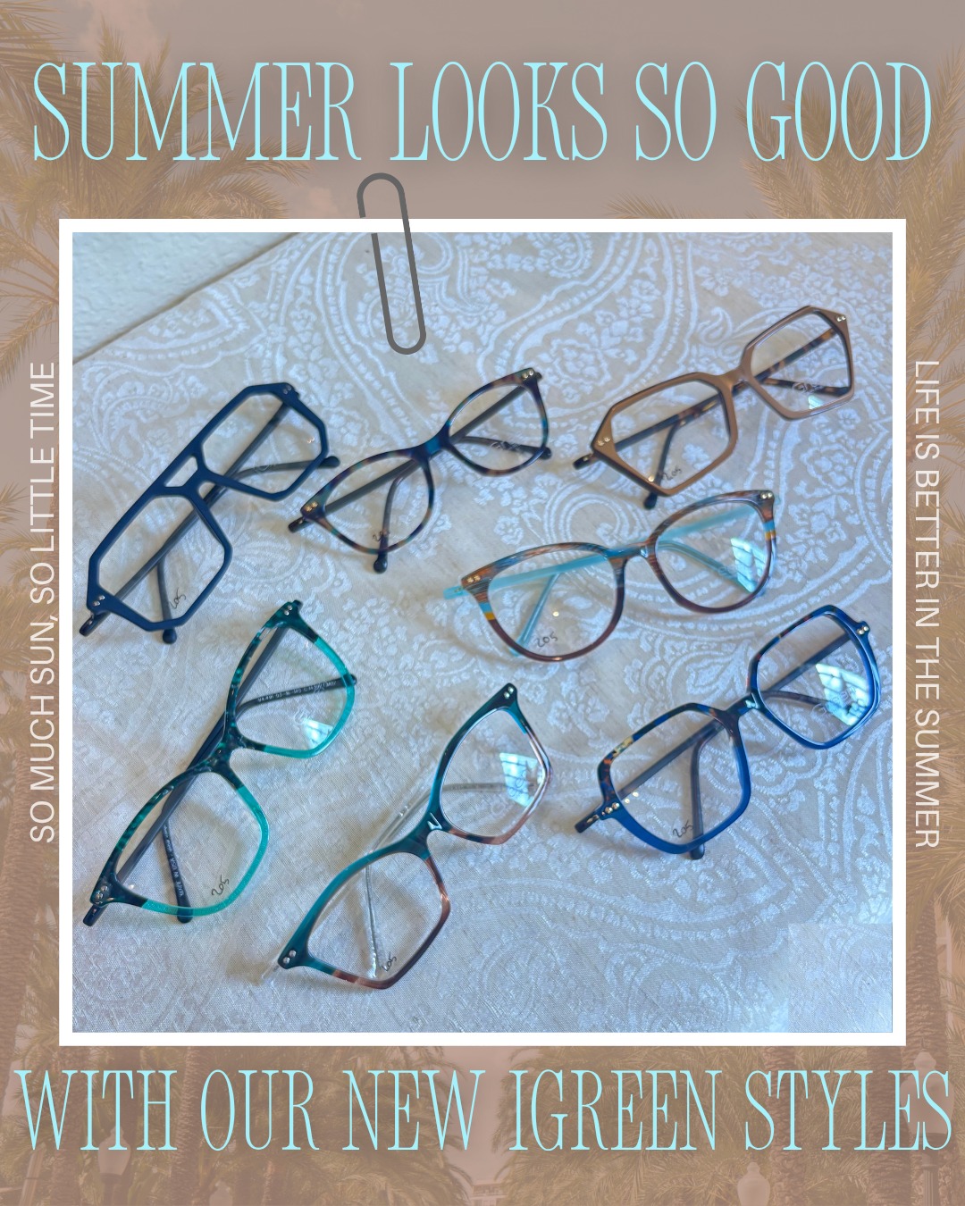 Just a few of our NEW iGreen options that just arrived!
iGreen offers lightweight, durable frames crafted from bio-based and sustainable materials, with a strong focus on customization in color, shape, and fit! See a shape that you like but aren't sure about the color? Check out our display in office with over 50 color swatches!