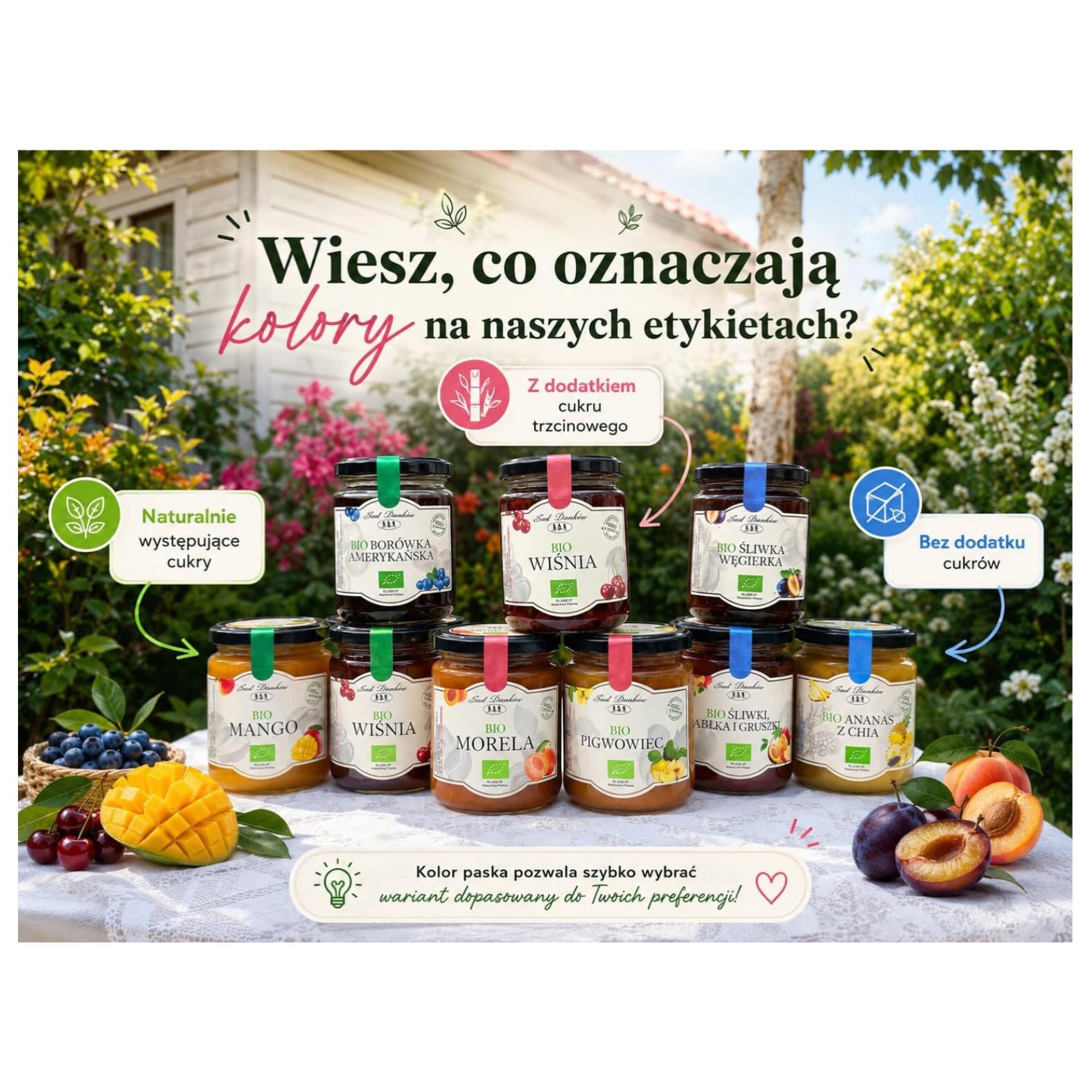 💙💚🩷
Wiesz, co oznaczają kolory na naszych etykietach?
To prosty sposób, aby już na pierwszy rzut oka wybrać dżem dopasowany do swoich preferencji:
💙 Niebieski pasek – bez dodatku cukrów
💚 Zielony pasek – zawiera wyłącznie naturalnie występujące cukry
🩷 Różowy pasek – z dodatkiem cukru trzcinowego
Dzięki kolorowym oznaczeniom nie musisz długo szukać, wystarczy spojrzeć na pasek i od razu wiesz, co wybierasz. 😊
Który kolor najczęściej trafia do Twojego koszyka?